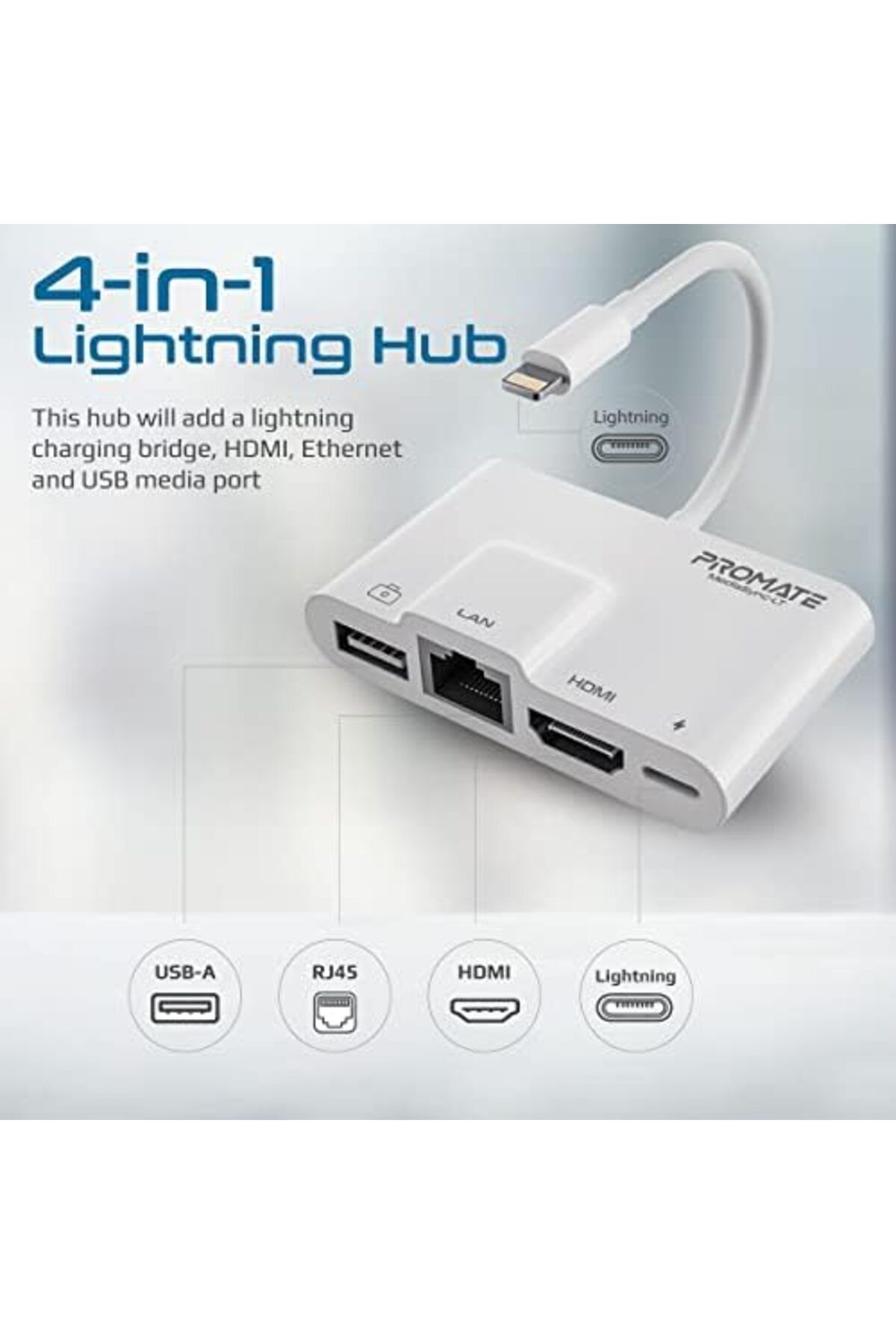 Promate-Lightning to HDMI Adapter for iPhone/iPad, Portable 4-in-1 OTG Lightning Multimedia Hub 2