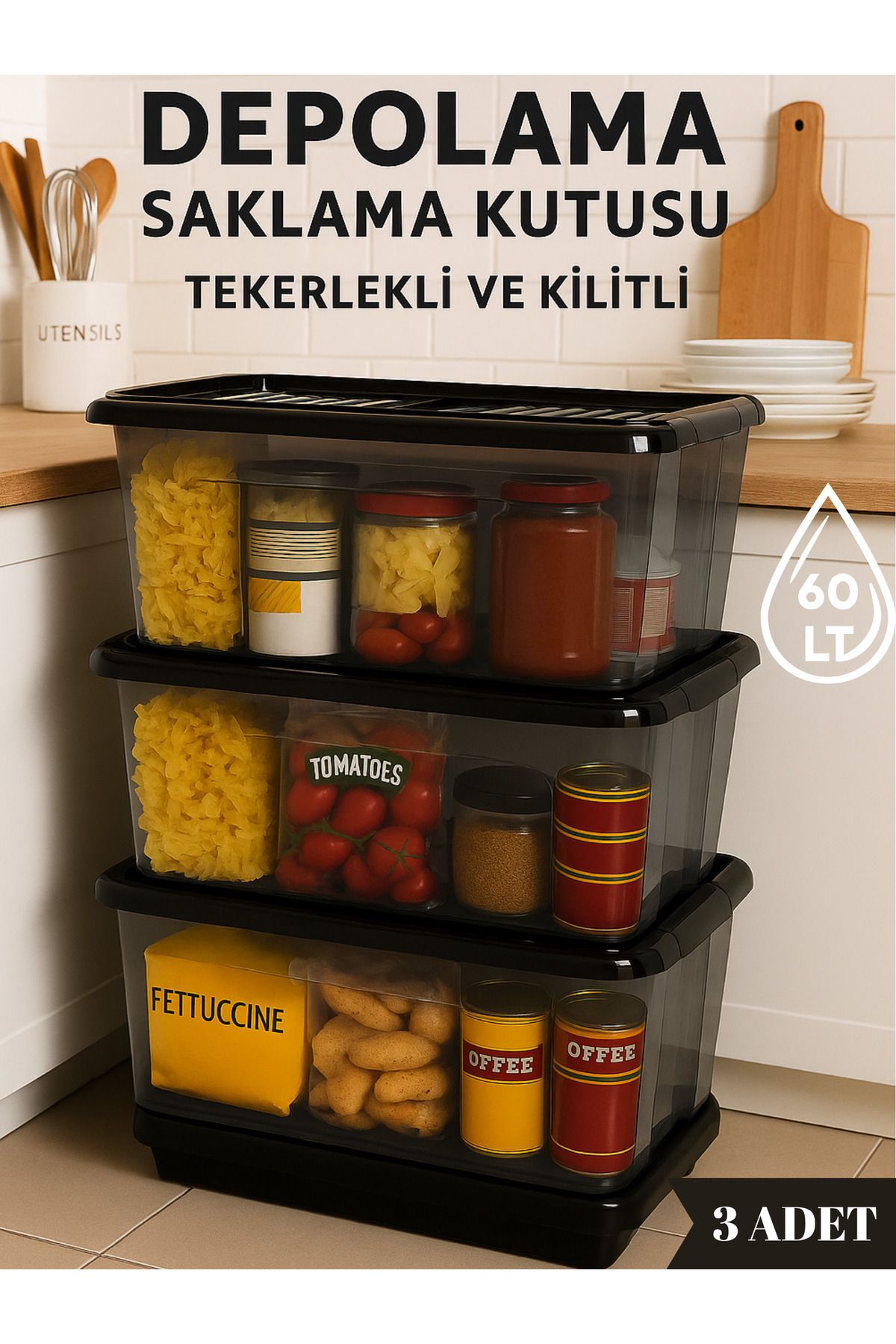 Loremp-60 Lt Wheeled Lockable Storage Box Set of 3 with Lid Transparent Bpa Free Stackable 4