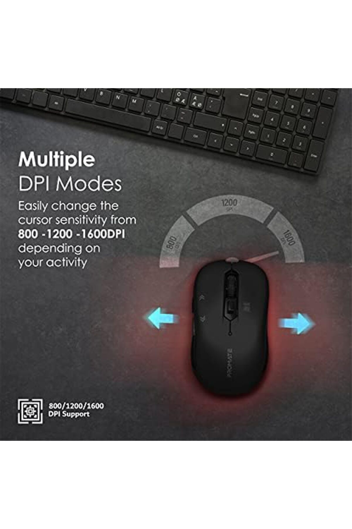 Promate-Promate 1600DPI Wireless Mouse, Ergonomic Symmetric 2.4GHz Cordless Optical Mouse with Nano Receiver 8