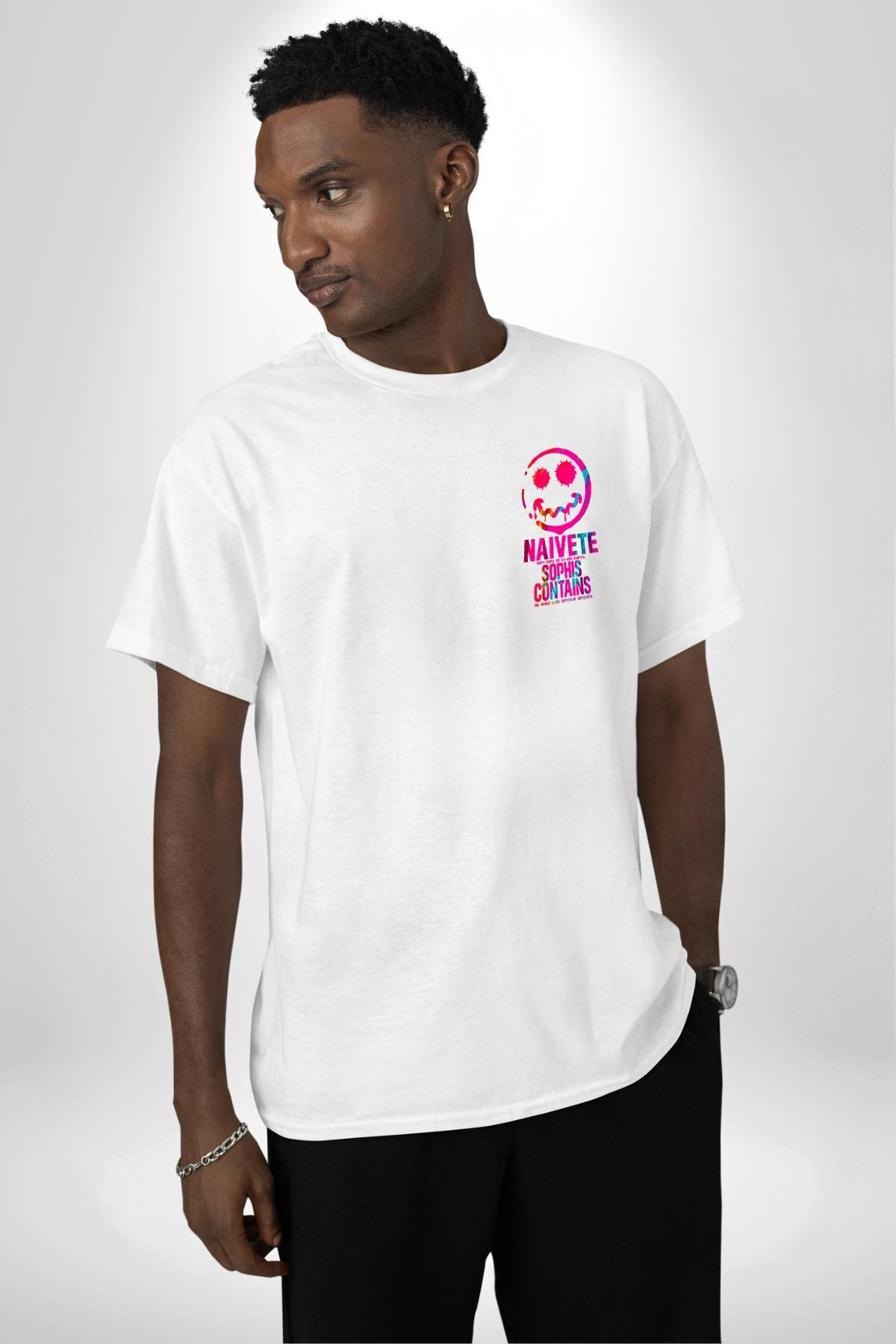 Angemiel-Happy People Think Differently Be Happy White Oversize Women Men Front Minimal Printed T-Shirt 4