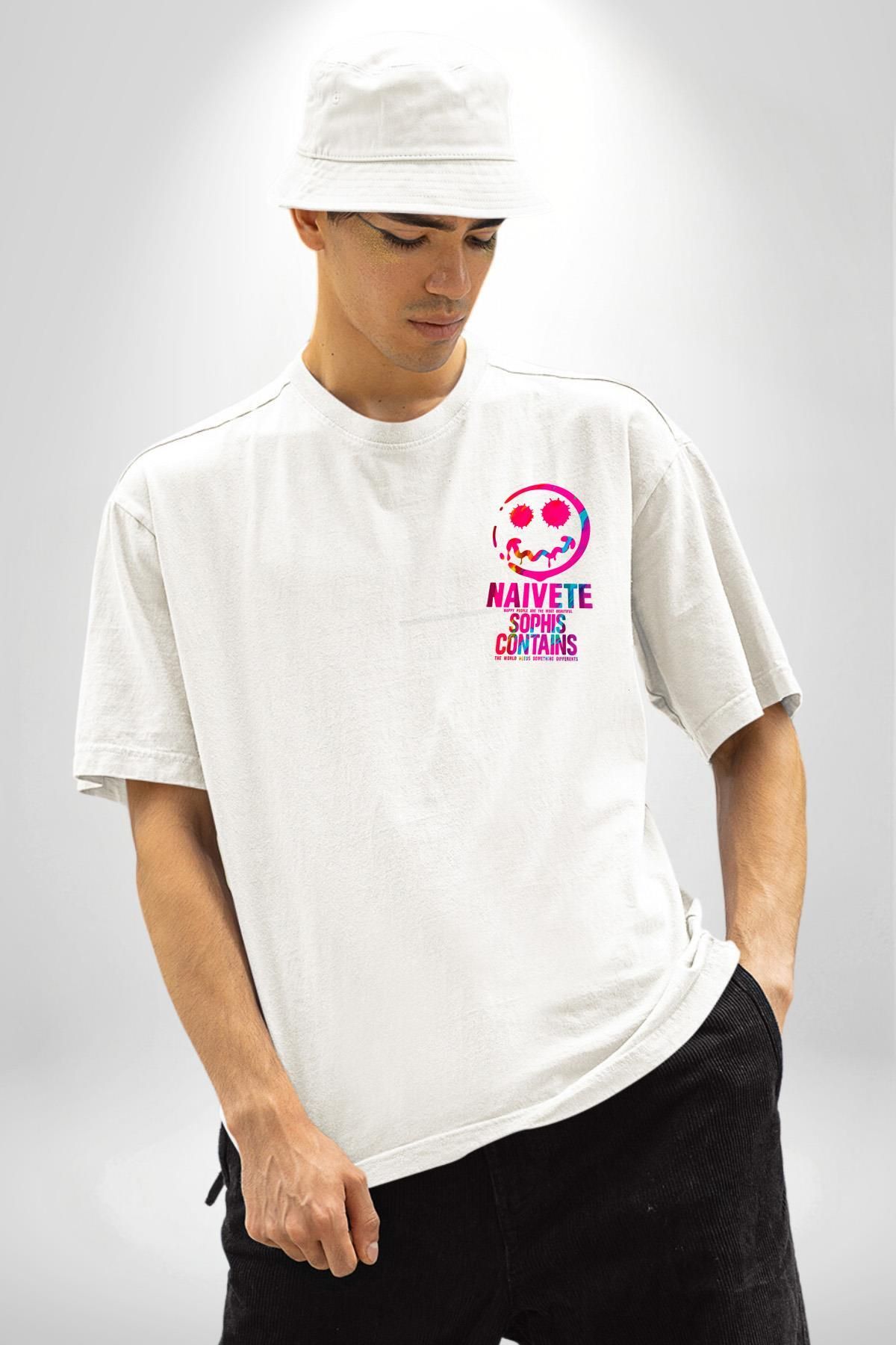 Angemiel-Happy People Think Differently Be Happy White Oversize Women Men Front Minimal Printed T-Shirt 2