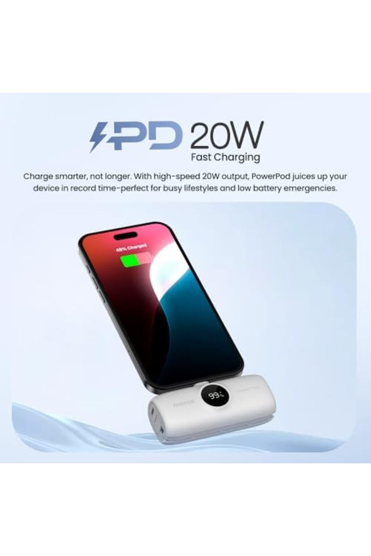 Faster-S5K PowerPod Mini Power Bank 5000mAh - 20W Fast Charging, LED Display, USB-C, Built-in iPhone 2