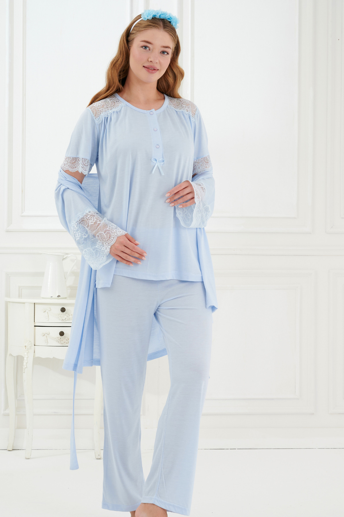 Emose Dantelli Sabahlıklı 3'Lü Lohusa Hamile Pijama Takımı