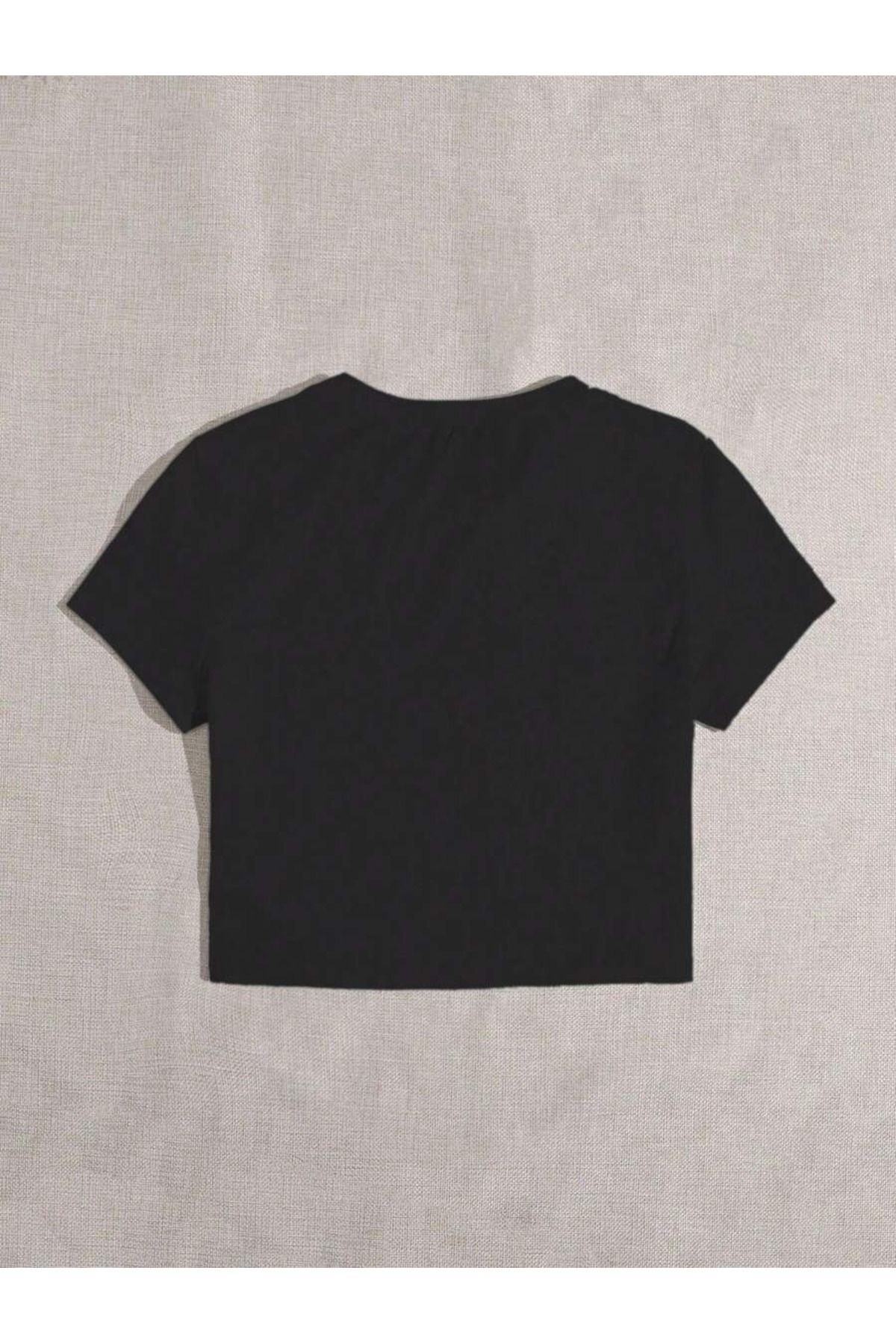 PALPİTO  Kadın Siyah Margarita Club Baskılı Bisiklet Yaka Dar Crop Tshirt - Görsel 2