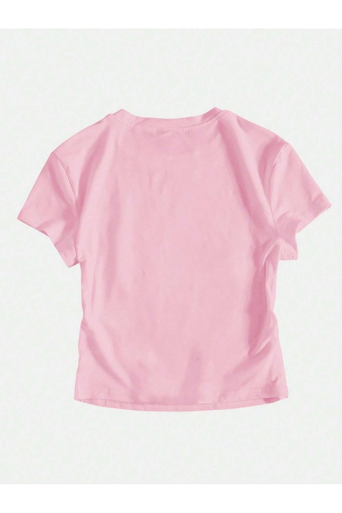 PALPİTO  Kadın Pembe Çilek Baskılı Bisiklet Yaka Dar Crop Tshirt - Görsel 2
