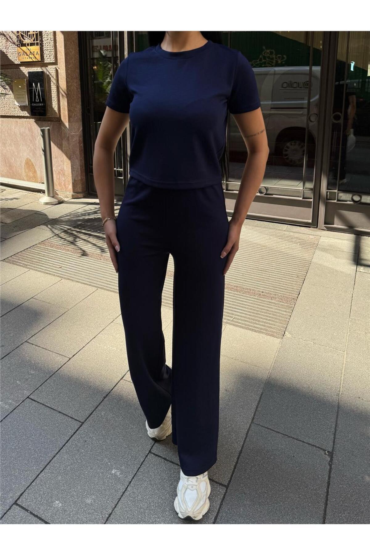 Navy Blue Polyester Linen Palazzo Set