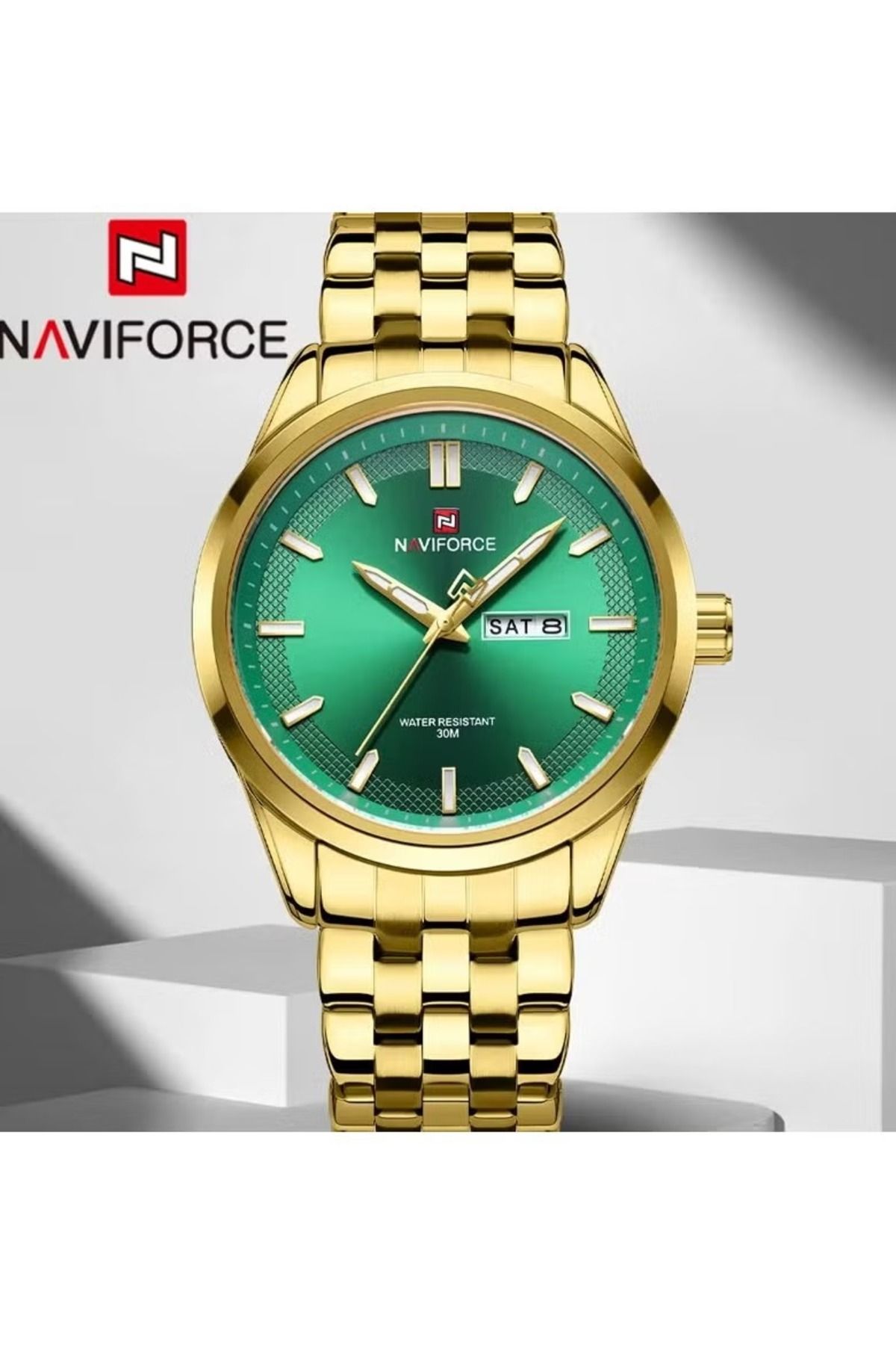 Naviforce-Stylish Mens Quartz Watch with Gold Dial Stainless Steel Strap Analog Display Day Date Function 2