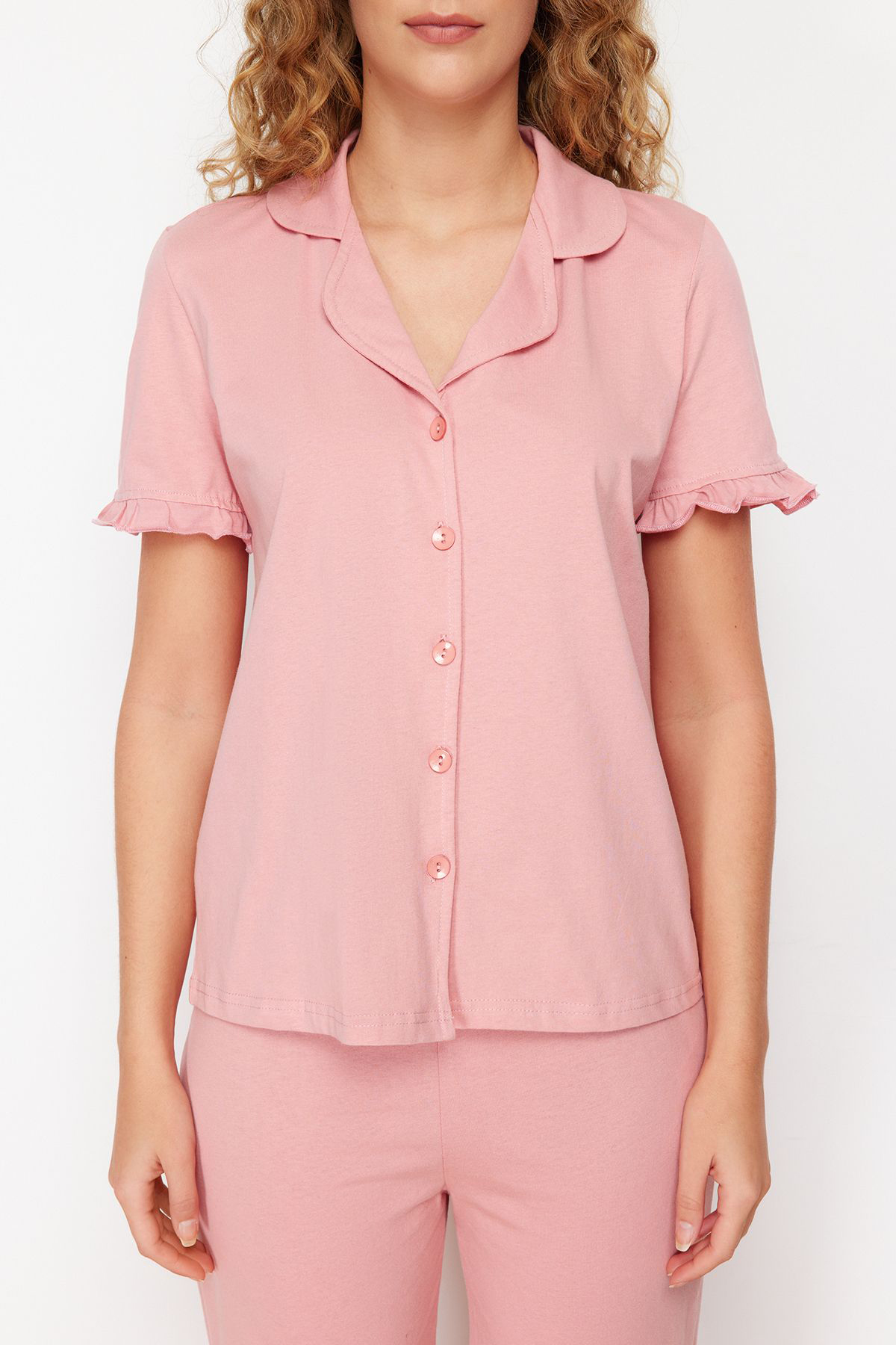 Trendyolmilla  Gül Kurusu %100 Pamuklu Fırfır Detaylı Örme Pijama Takımı THMSS24PT00223 - Görsel 5