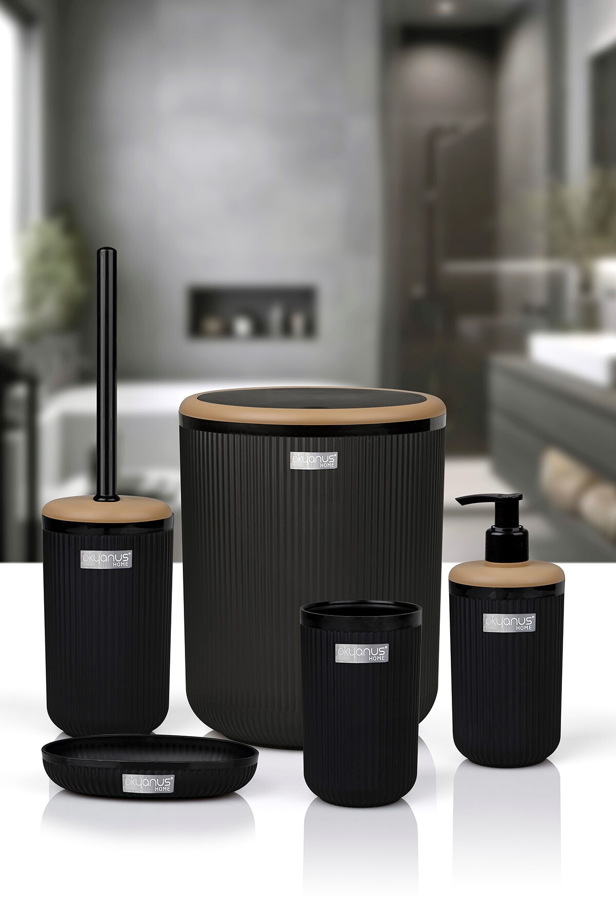 Okyanus Home Σετ μπάνιου Mina Due 5 τεμαχίων, στρογγυλό, μαύρο ριγέ.