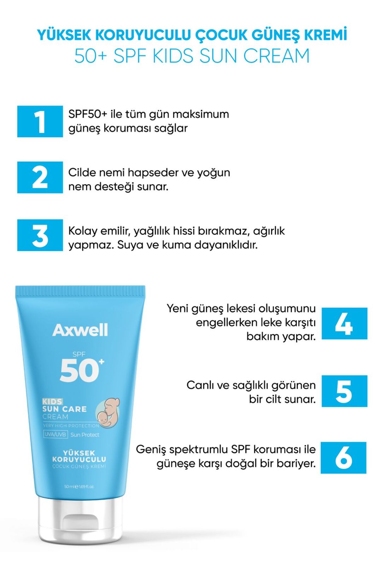 AXWELL SPF 50+ Yüksek Koruma Yüz Vücut Çocuk Güneş Koruyucu Suya Dayanıklı Tüm Ciltler İçin 50ml fotoğrafı 3 (önizleme)