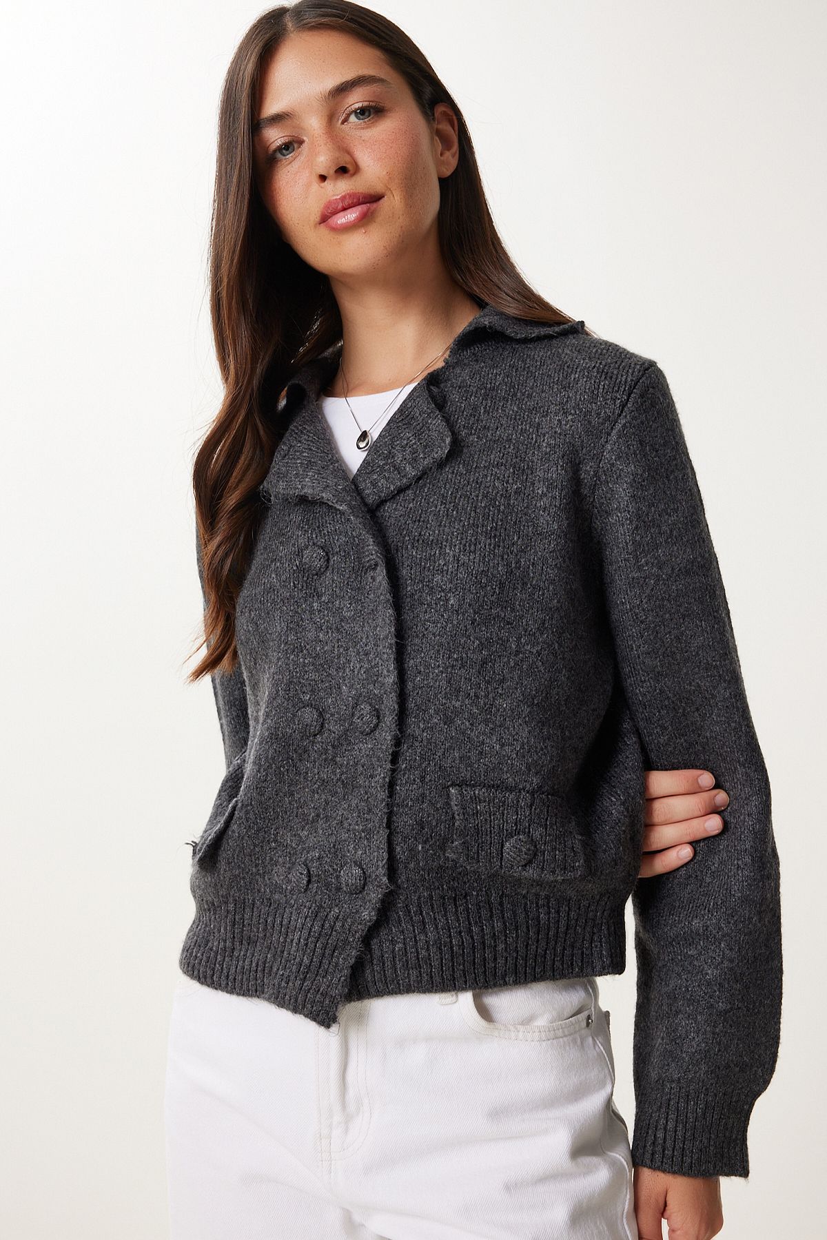 Happiness İstanbul-Women's Anthracite Double Button Knitwear Cardigan Yy00242 4