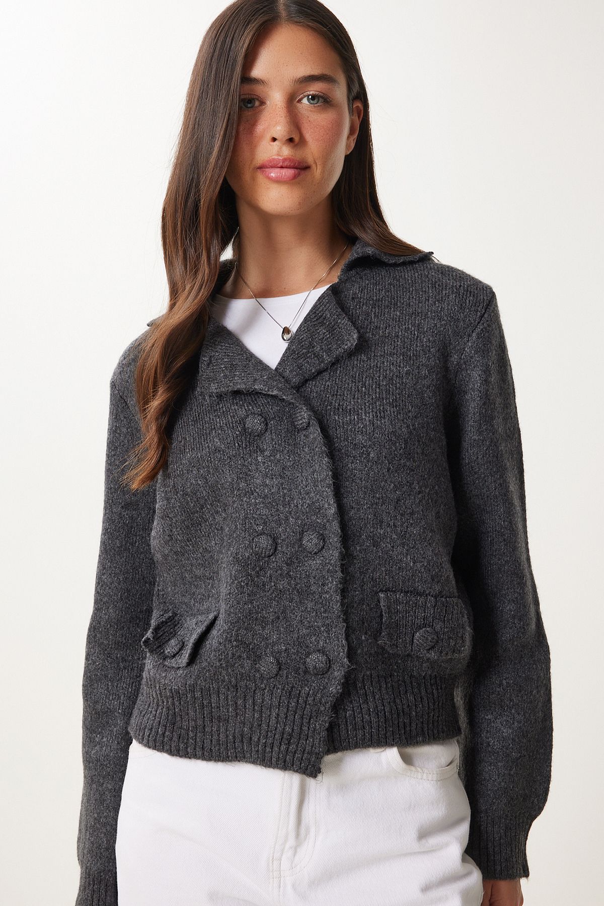 Happiness İstanbul-Women's Anthracite Double Button Knitwear Cardigan Yy00242 2