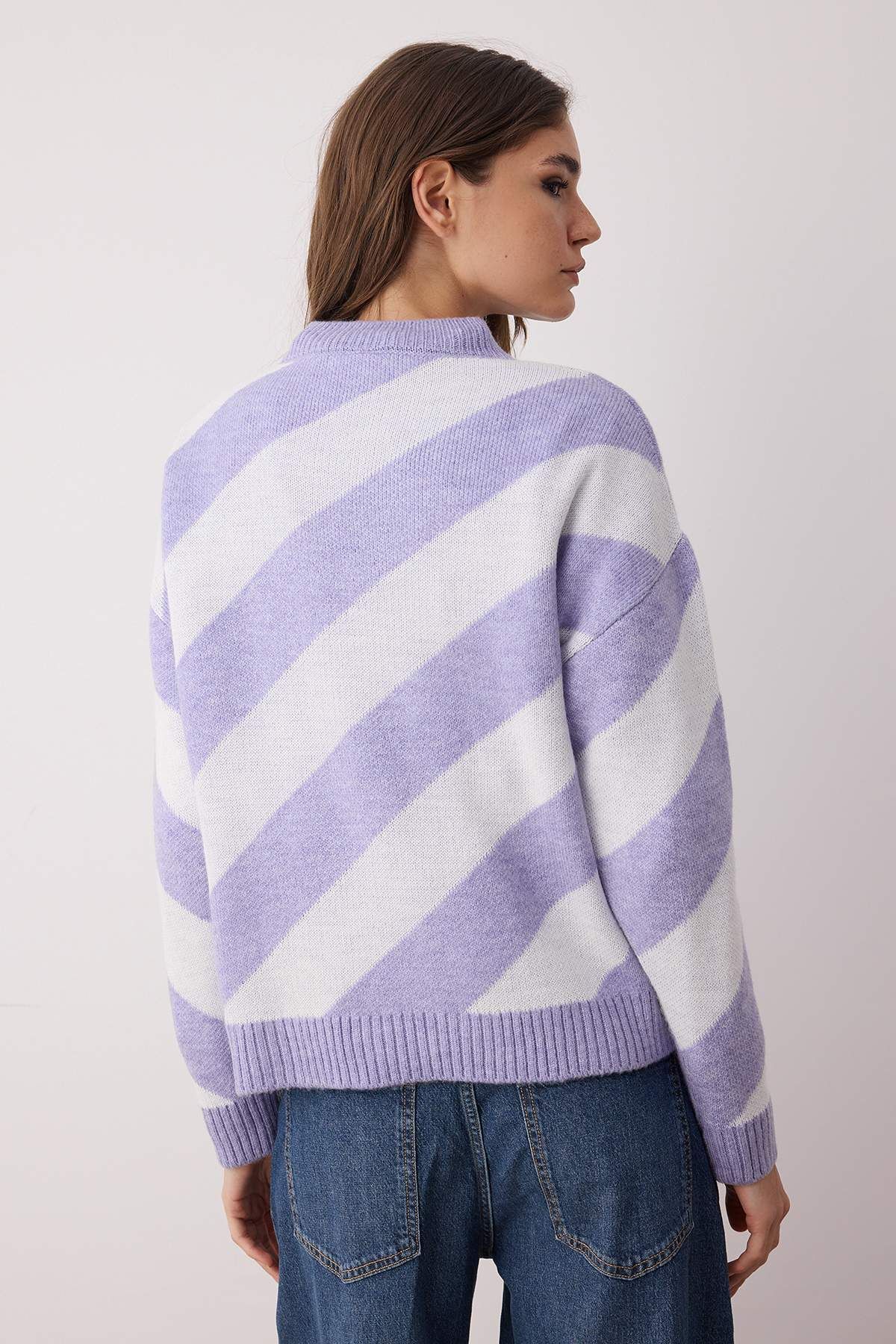 Trendyol Modest-Πουλόβερ λιλά ριγέ - Πλεκτά, TCTAW25AK00059 4