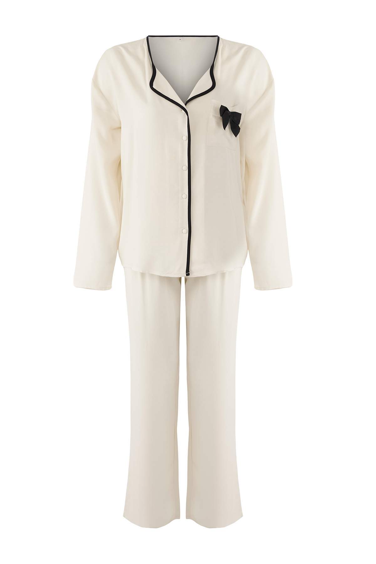 Trendyolmilla  Ekru Kurdele/Fiyonk ve Biye Detaylı Viskon Dokuma Pijama Takımı THMAW26PT00007 - Görsel 5