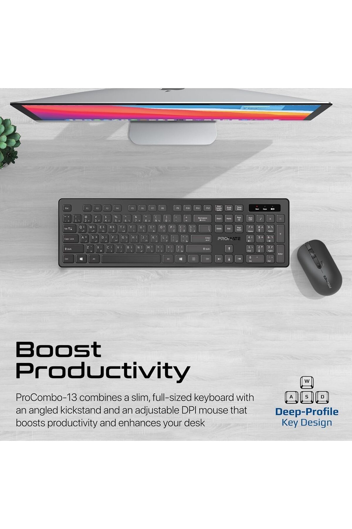 Promate-Wireless Keyboard and Mouse Combo, Slim Full-Size 2.4Ghz Wireless Keyboard with 1600 DPI Amb 3
