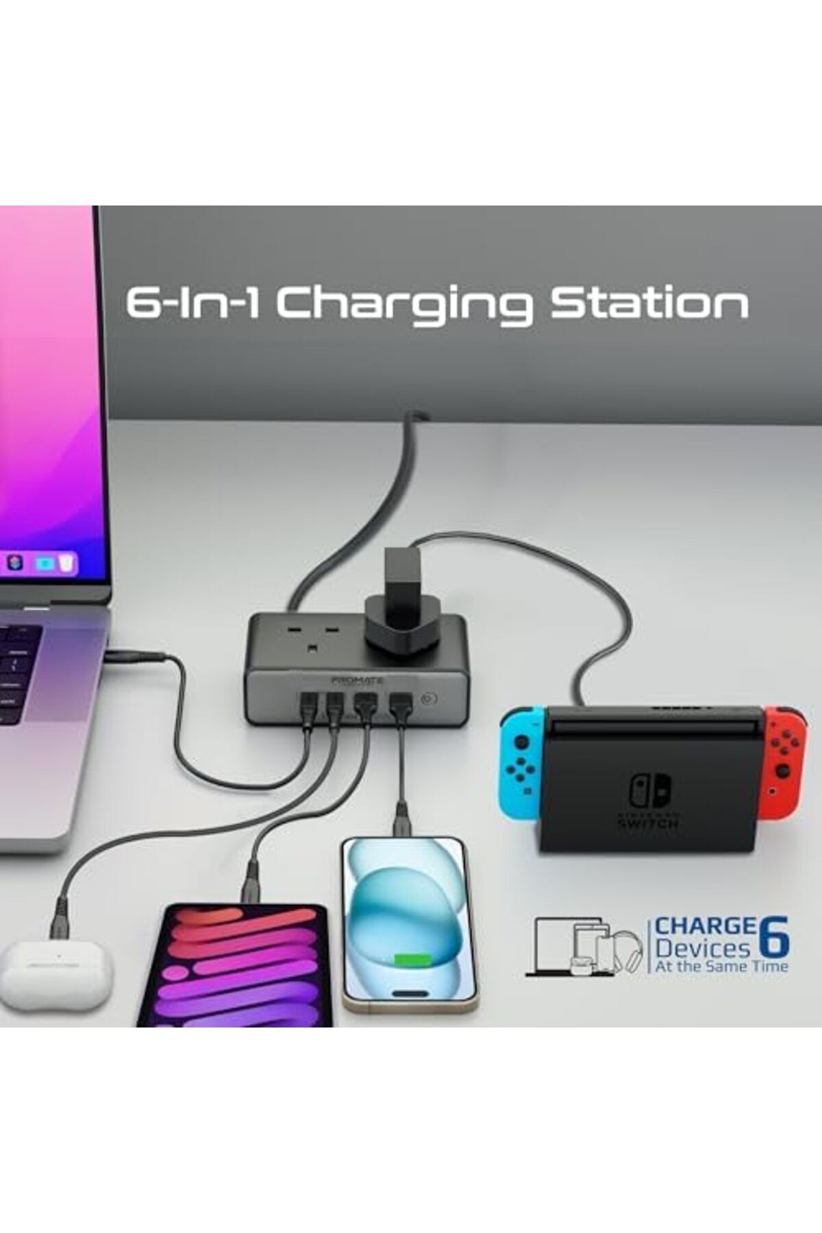 Promate-Charging Station, 6-in-1 Multi-Port 65W GaNFast Power Extension with Dual 3250W AC Sockets, 4