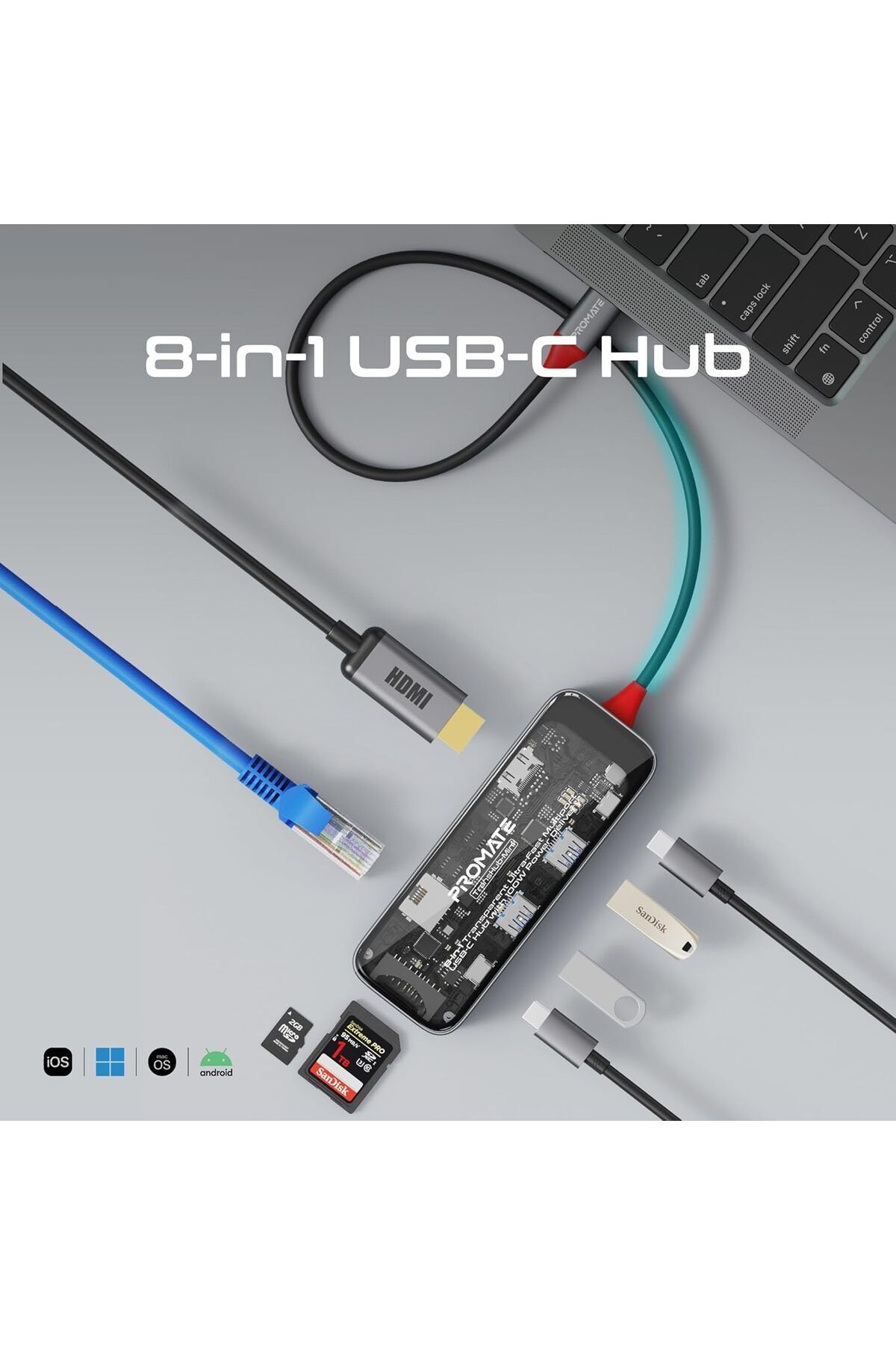 Promate-USB-C™ Transparent Media Hub, Premium 4K Display, with HDMI, Super-Fast 1000Mbps Ethernet, 3