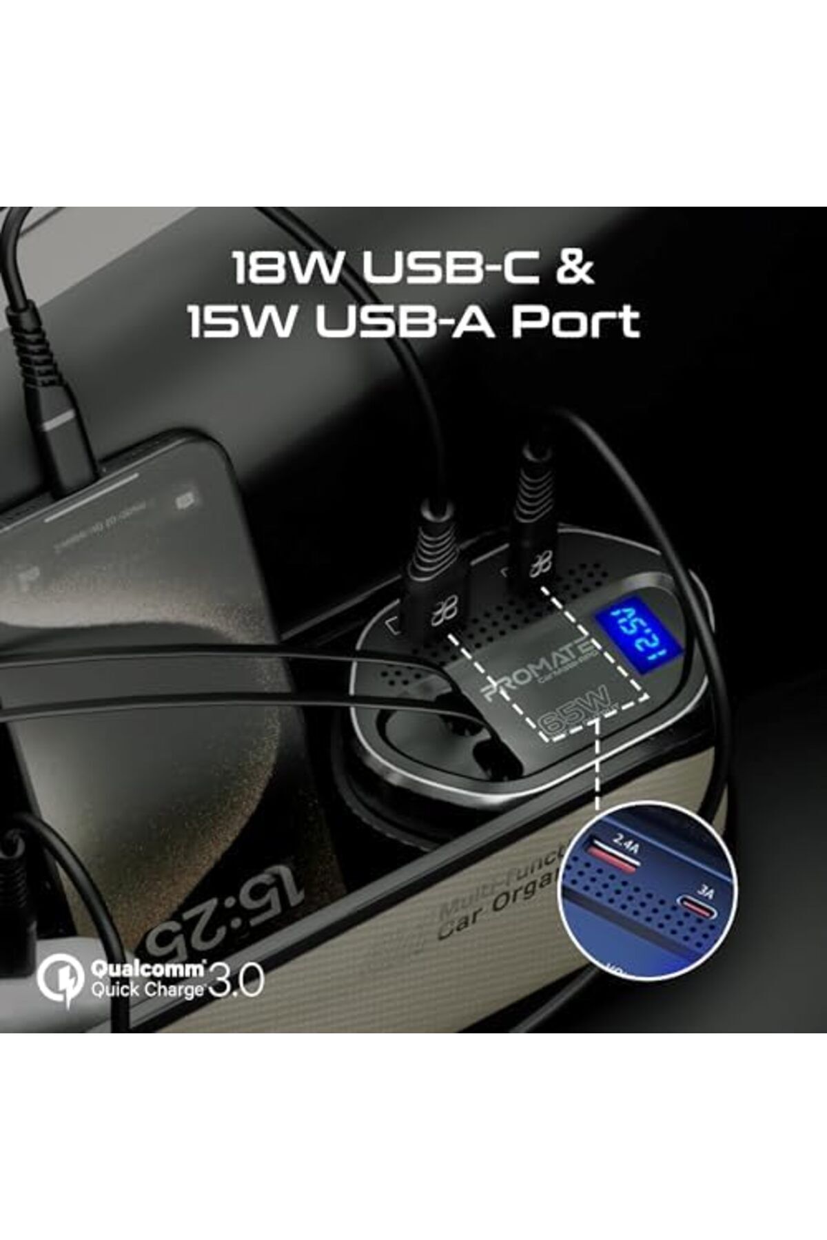 Promate-6 in 1 Multi-Functional Car Organizer, 65W Charging Station With 20W Lightning Retractable C 7