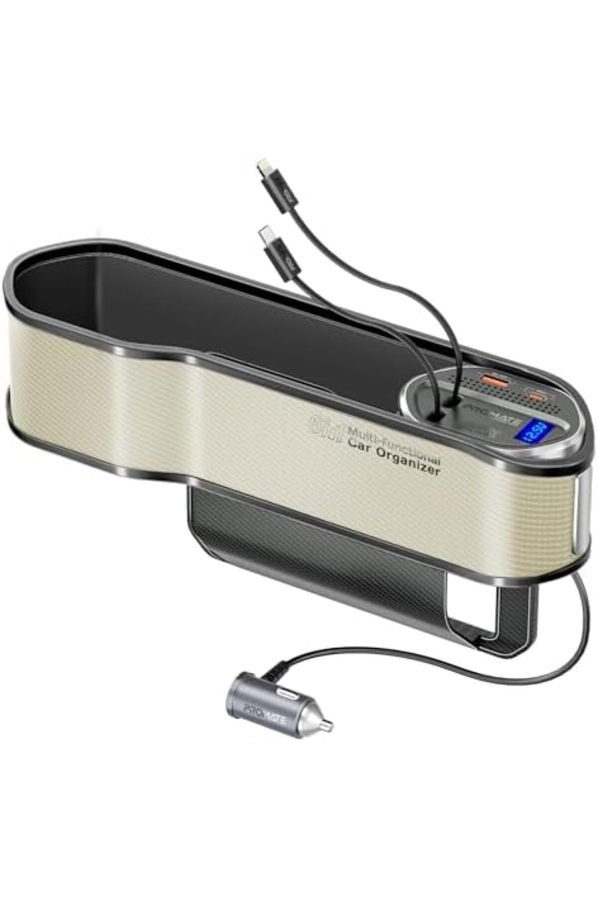 Promate-6 in 1 Multi-Functional Car Organizer, 65W Charging Station With 20W Lightning Retractable C 2