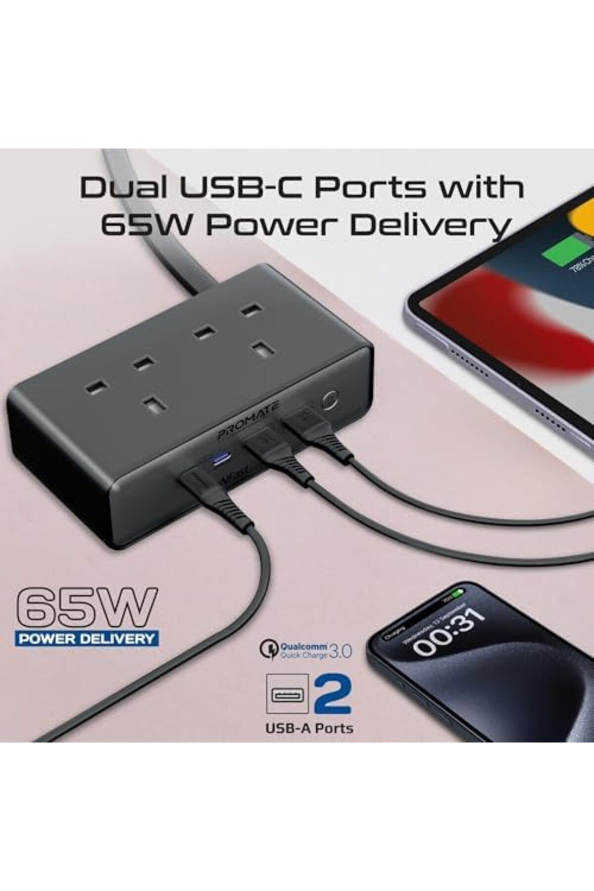 Promate-Charging Station, 6-in-1 Multi-Port 65W GaNFast Power Extension with Dual 3250W AC Sockets, 8