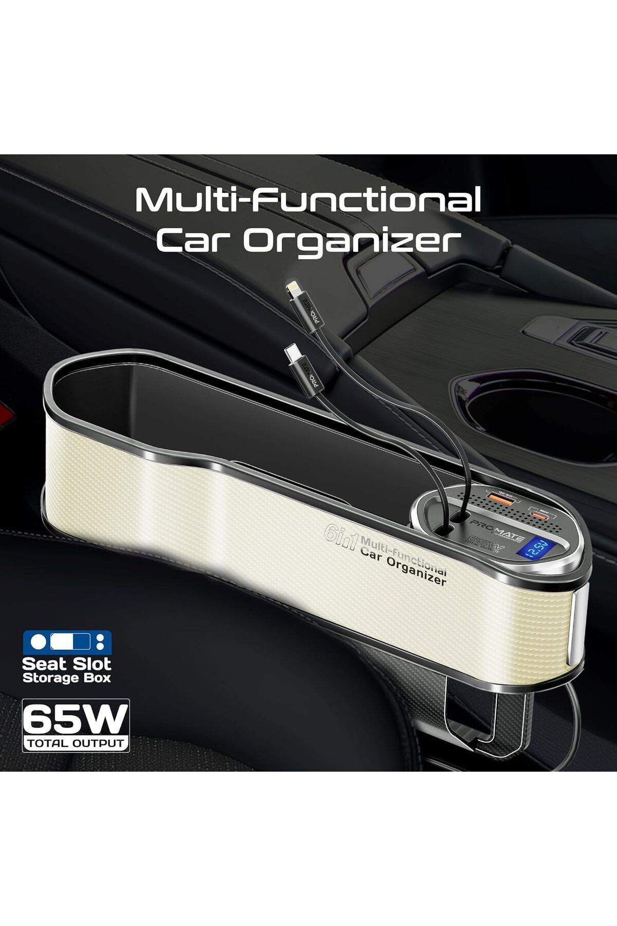 Promate-6 in 1 Multi-Functional Car Organizer, 65W Charging Station With 20W Lightning Retractable C 4