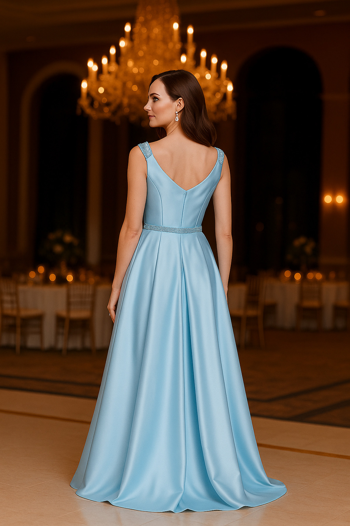 Neva Style-Rochie de seara Bulava din satin albastru baby cu margele 44260bm 2