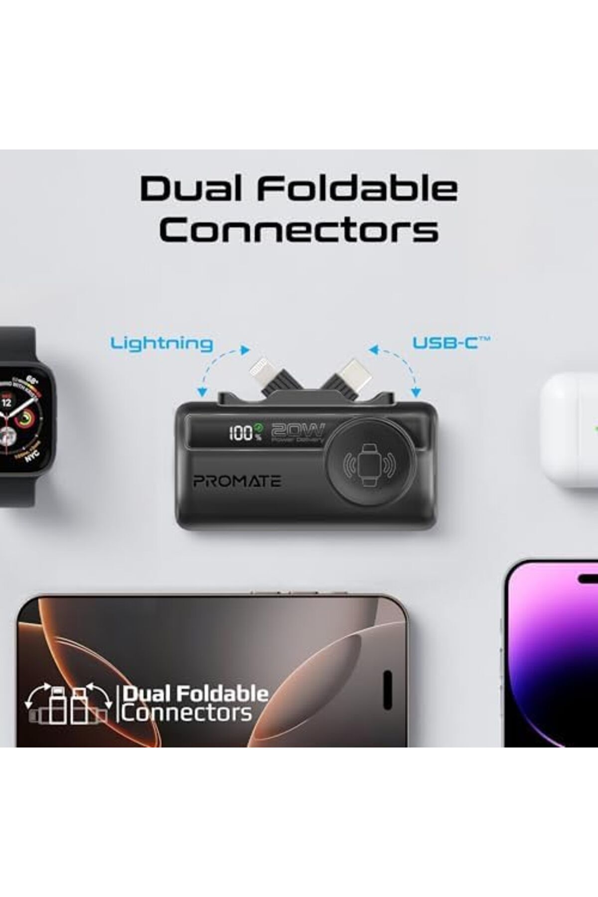Promate-بنك طاقة صغير 3 في 1، 5000 مللي أمبير/ساعة مع موصل USB-C™ داخلي/خارجي قابل للطي بقوة 20 وات، ومنفذ Lightning F بقوة 12 وات 6