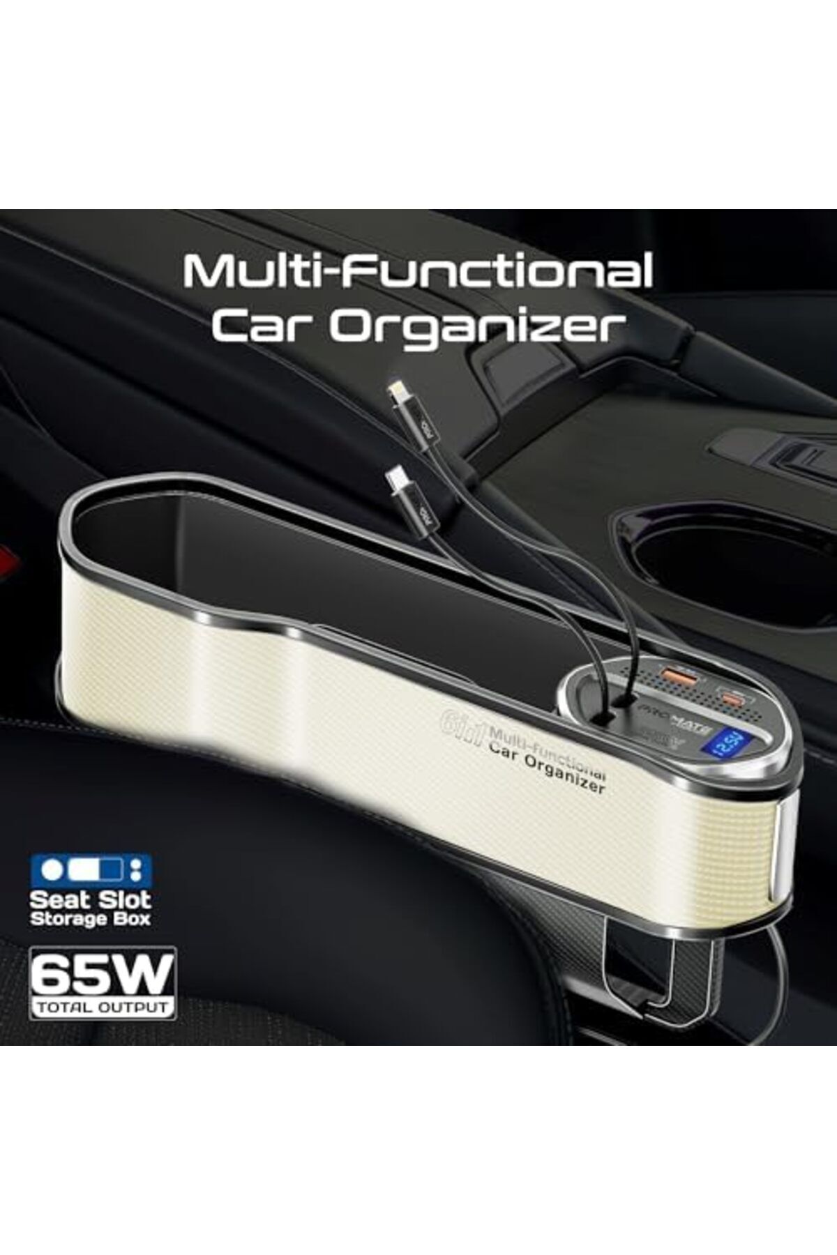 Promate-6 in 1 Multi-Functional Car Organizer, 65W Charging Station With 20W Lightning Retractable C 5