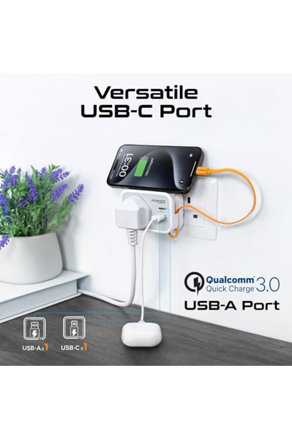 Promate-4 in 1 Multi-Functional AC Socket Charger 3250 W with Built-in 20W Power Delivery USB-C Cabl 8