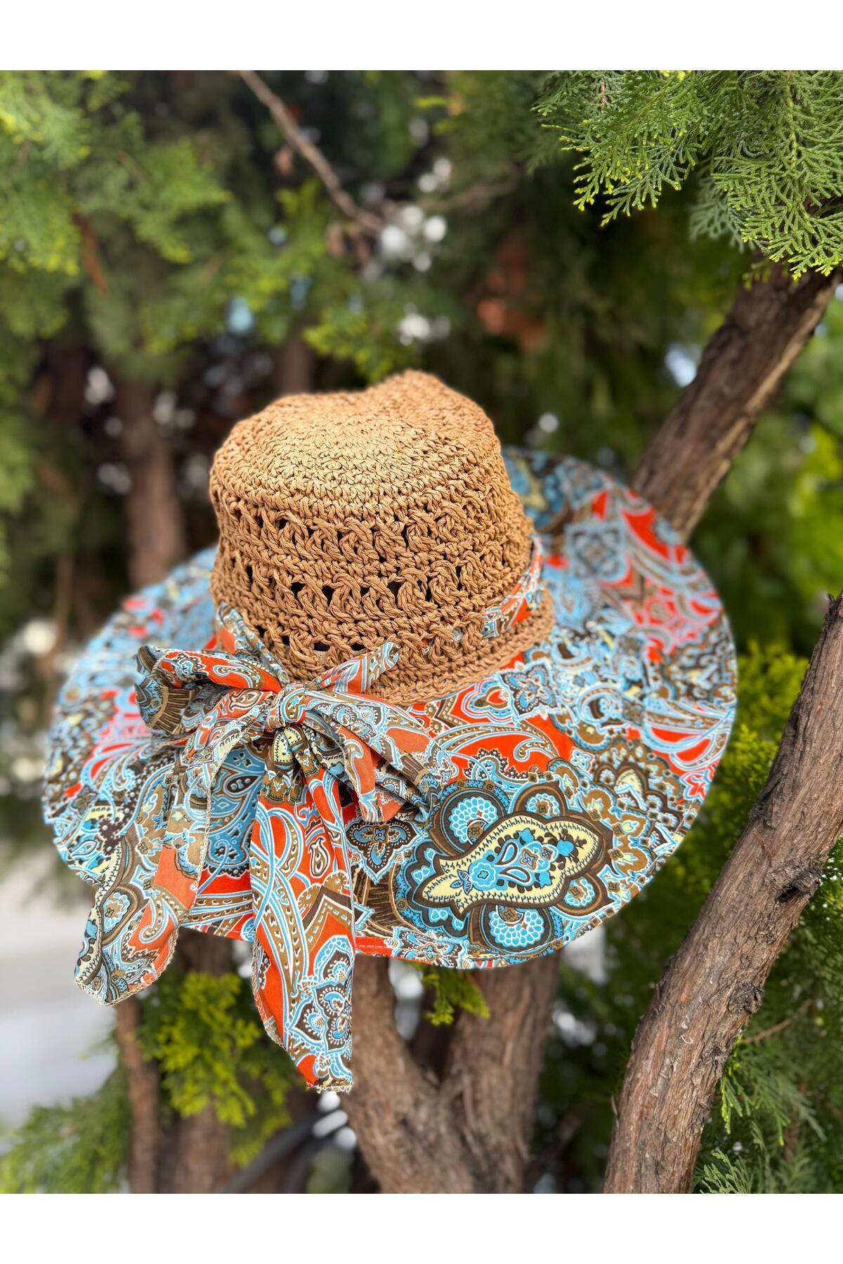 Axesoire-14718 Patterned Camel Wide Brim Straw Hat 2