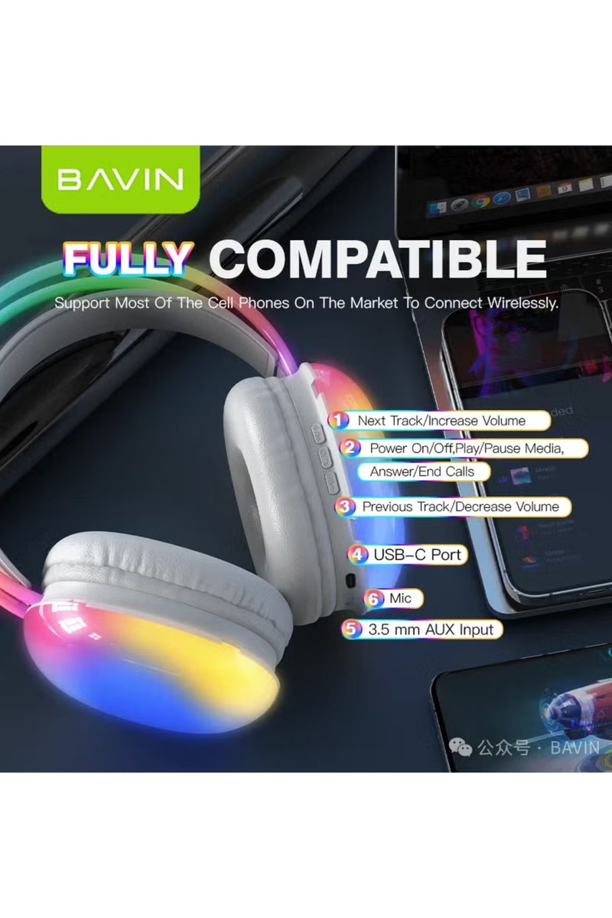 Bavin-Wireless Disco Pulse Headphones With Cool Lights and Built-in Microphone - Gray 6