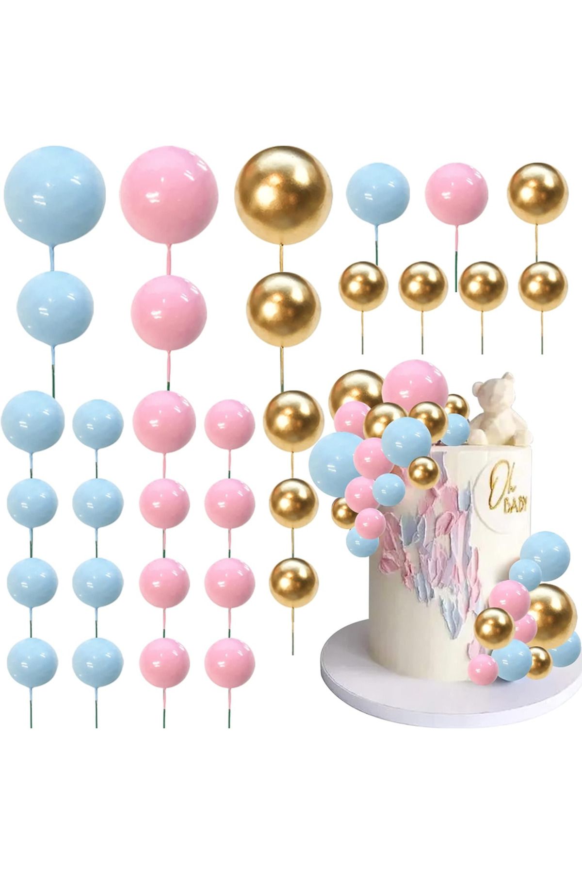 Choice-Blue Pink Apricot Gold Light Brown Ball Cake Topper Shaped Cupcake Insert Cake Topper For Bear Theme 1