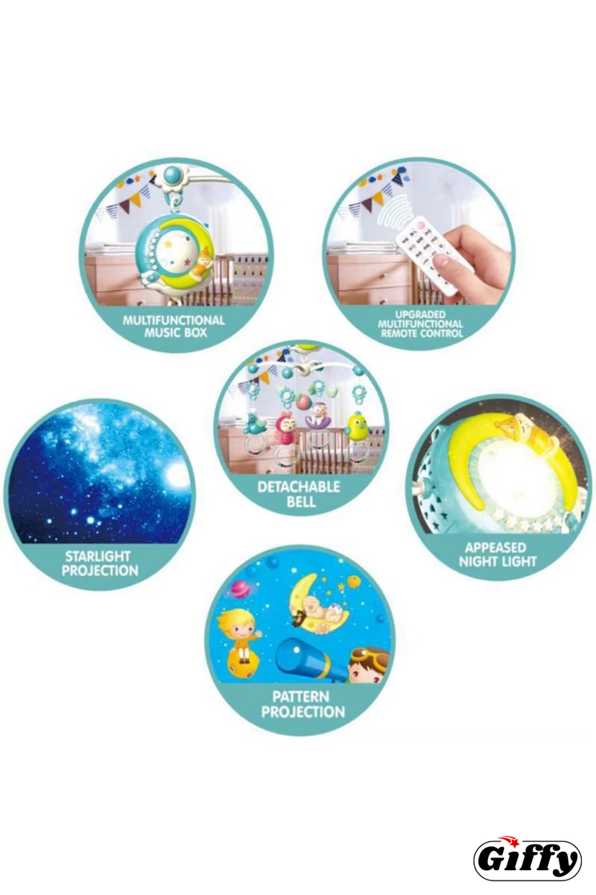 giffy Pilli Işıklı Müzikli Projektörlü Uzaktan Kumandalı Sabitlenir Dönence Çıngıraklı Bebek Yatıştırıcı fotoğrafı 5 (önizleme)