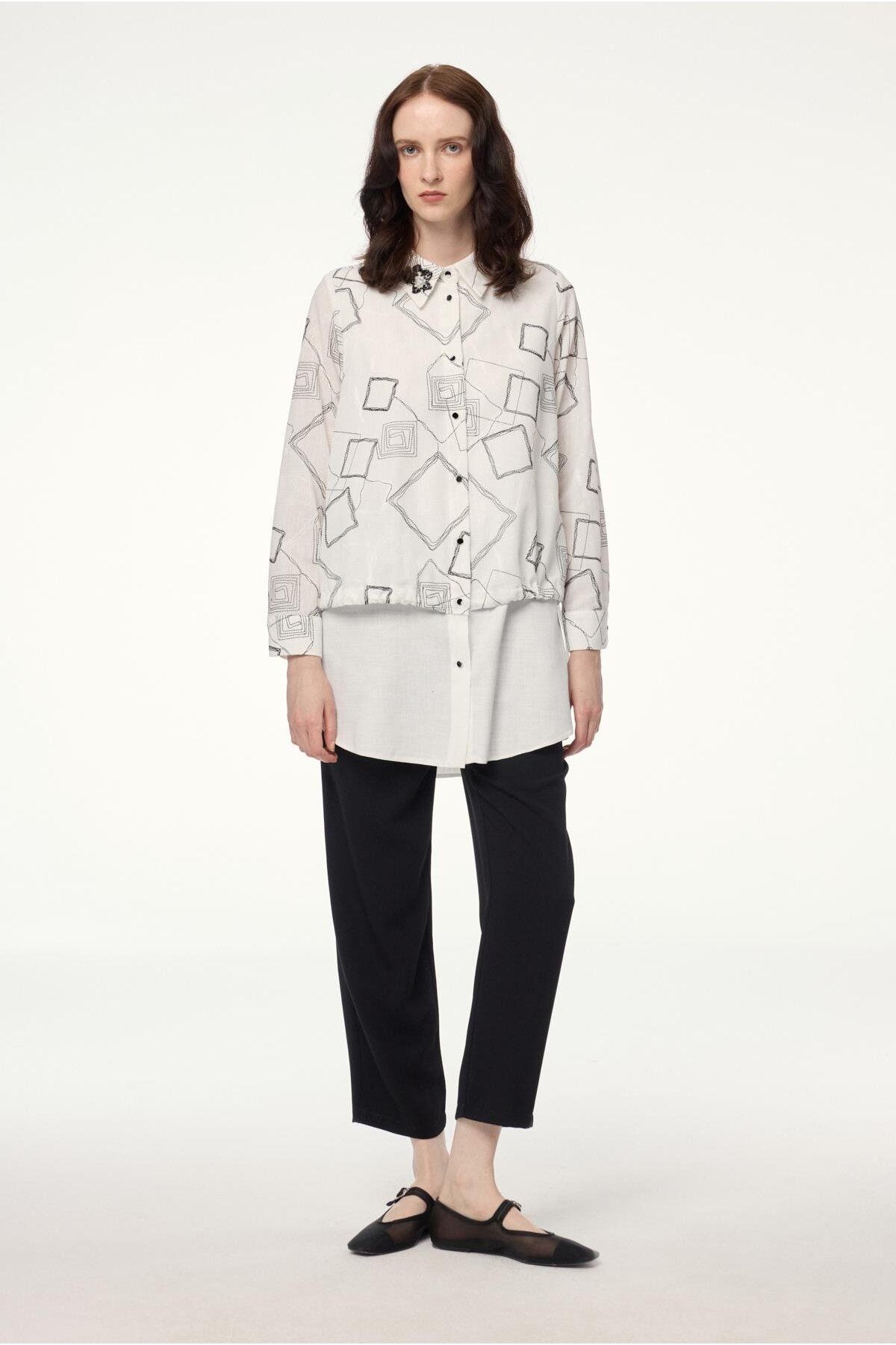 Zühre-Geometric Patterned Ecru Tunic with Accessories T-1574 1