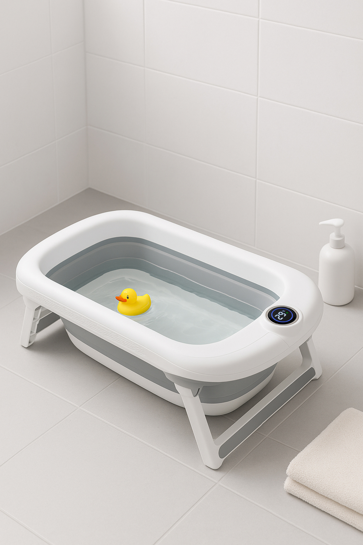 Zuu Baby Dereceli Termometreli Dokunmatik Ekranlı Kaymaz Tabanlı Katlanır Bebek Küveti 45 Lt Gri fotoğrafı 4 (önizleme)