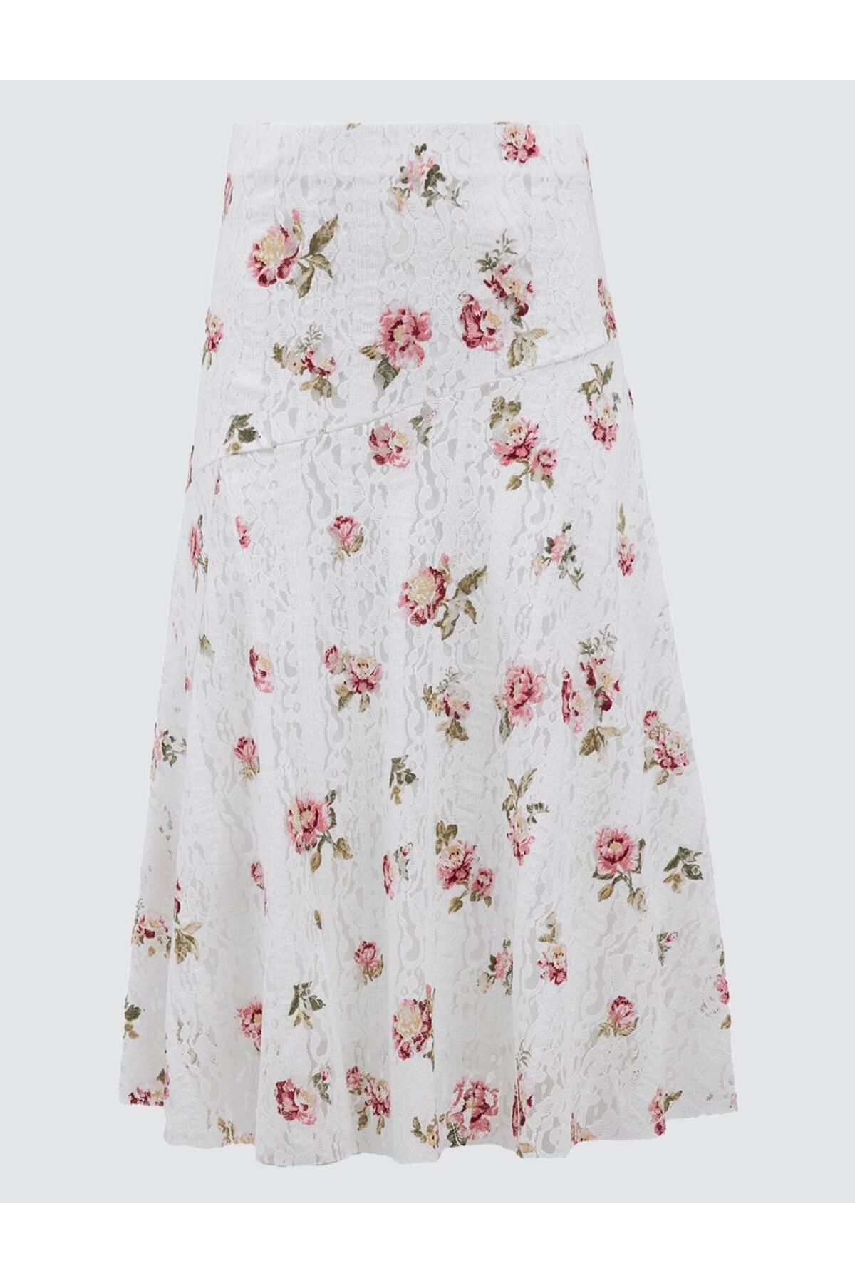 Jimmy Key-Ecru Floral Patterned Regular Waist Knitted Midi Skirt 6