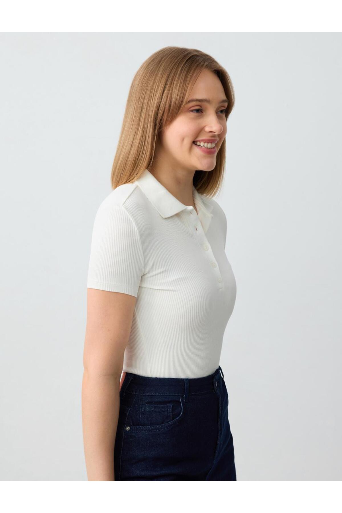 Jimmy Key-Tricou alb tricotat cu mânecă scurtă, cu gât polo 4