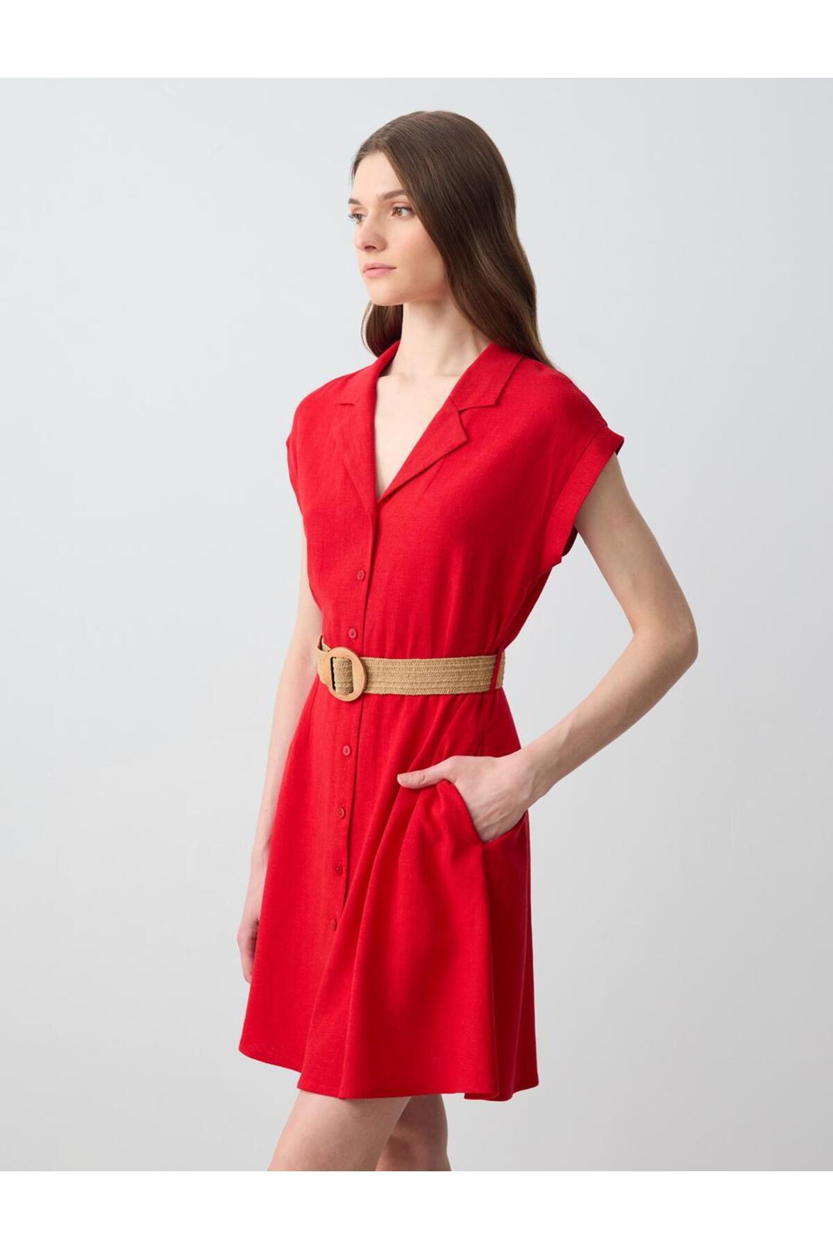 Jimmy Key-Red Short Sleeve Shirt Collar Linen Mini Dress with Belt Detail 3