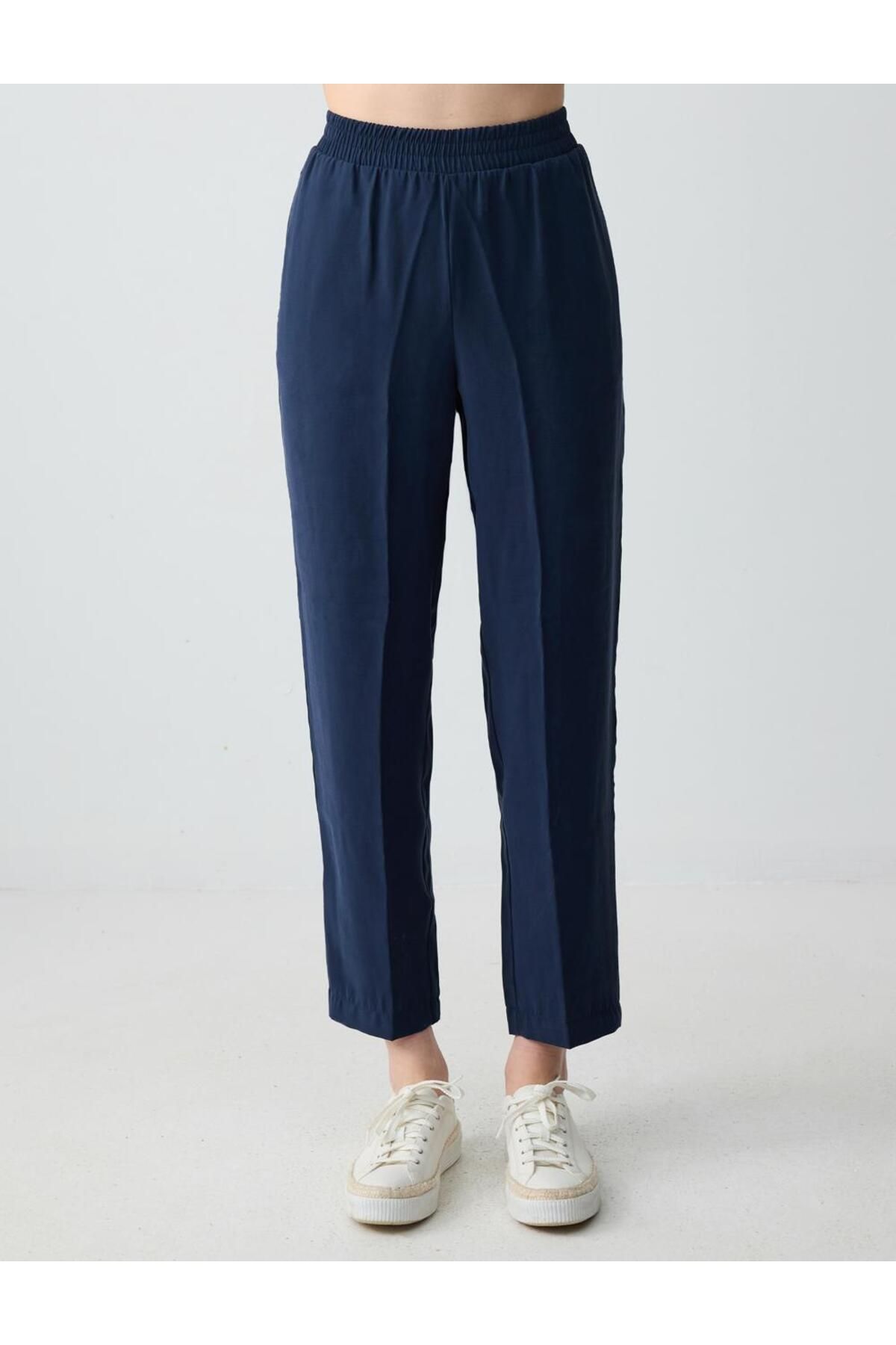 Jimmy Key-Navy Blue High Waist Regular Leg Modal Woven Trousers 4