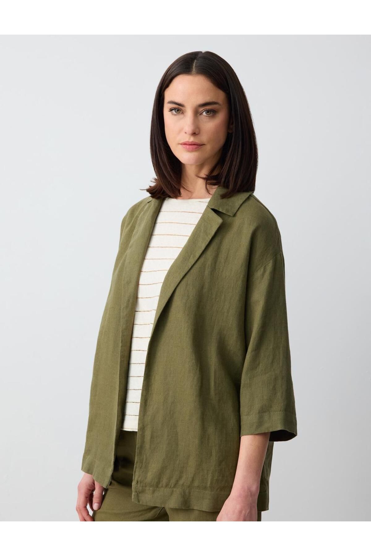 Jimmy Key-Khaki 100% Linen Straight Cut Long Sleeve Jacket 3