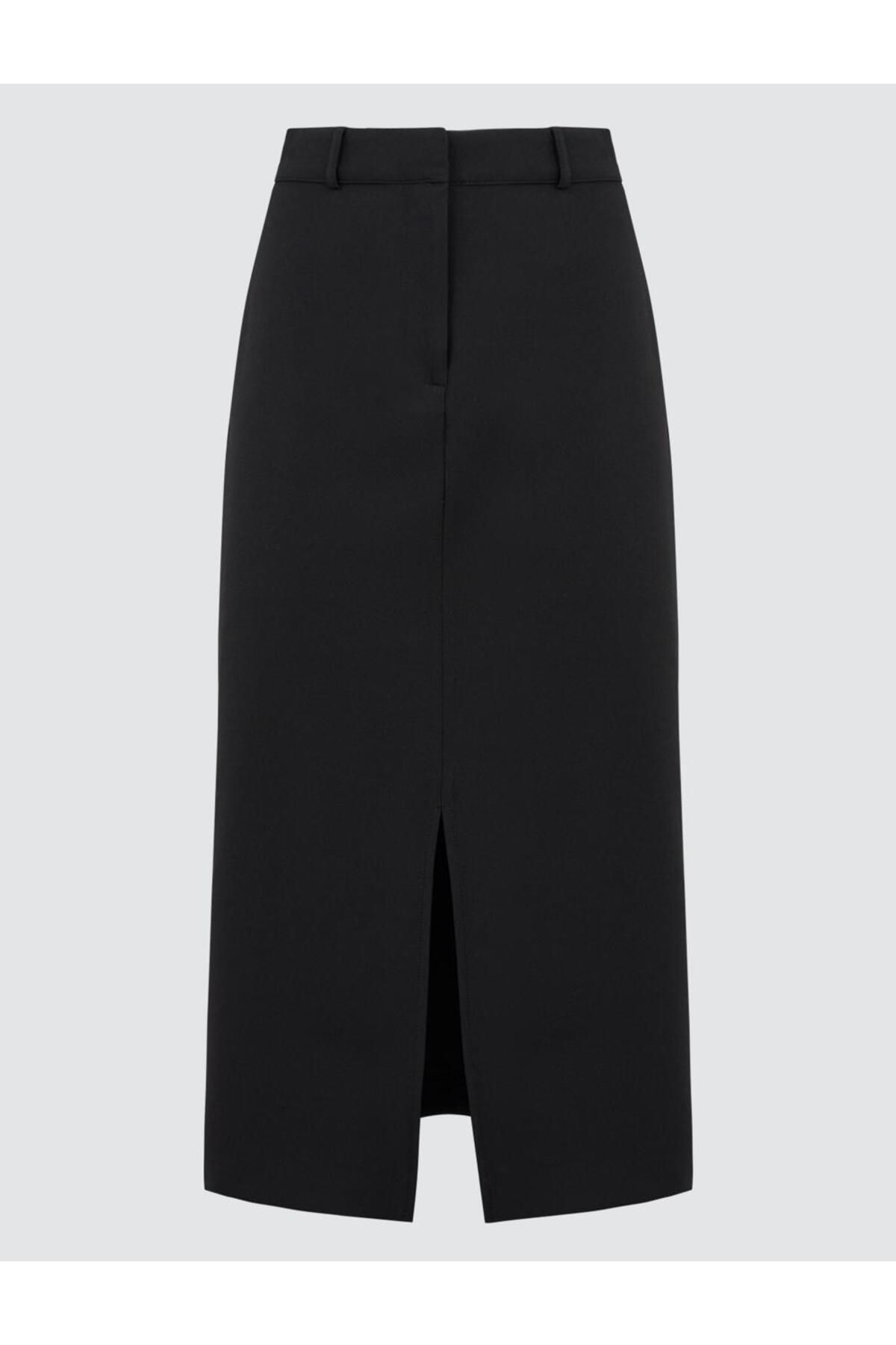Jimmy Key-Black Slit Detailed Slim Fit High Waist Midi Skirt 7