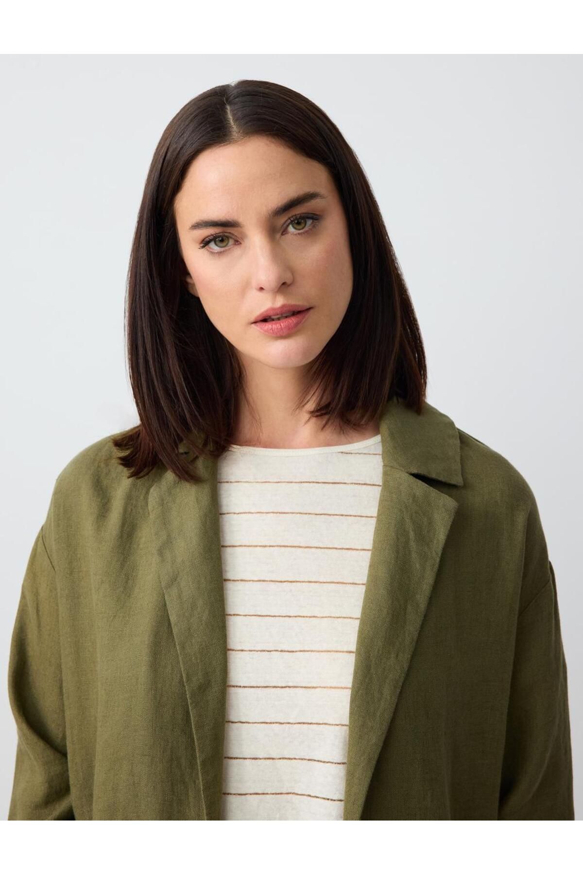 Jimmy Key-Khaki 100% Linen Straight Cut Long Sleeve Jacket 5