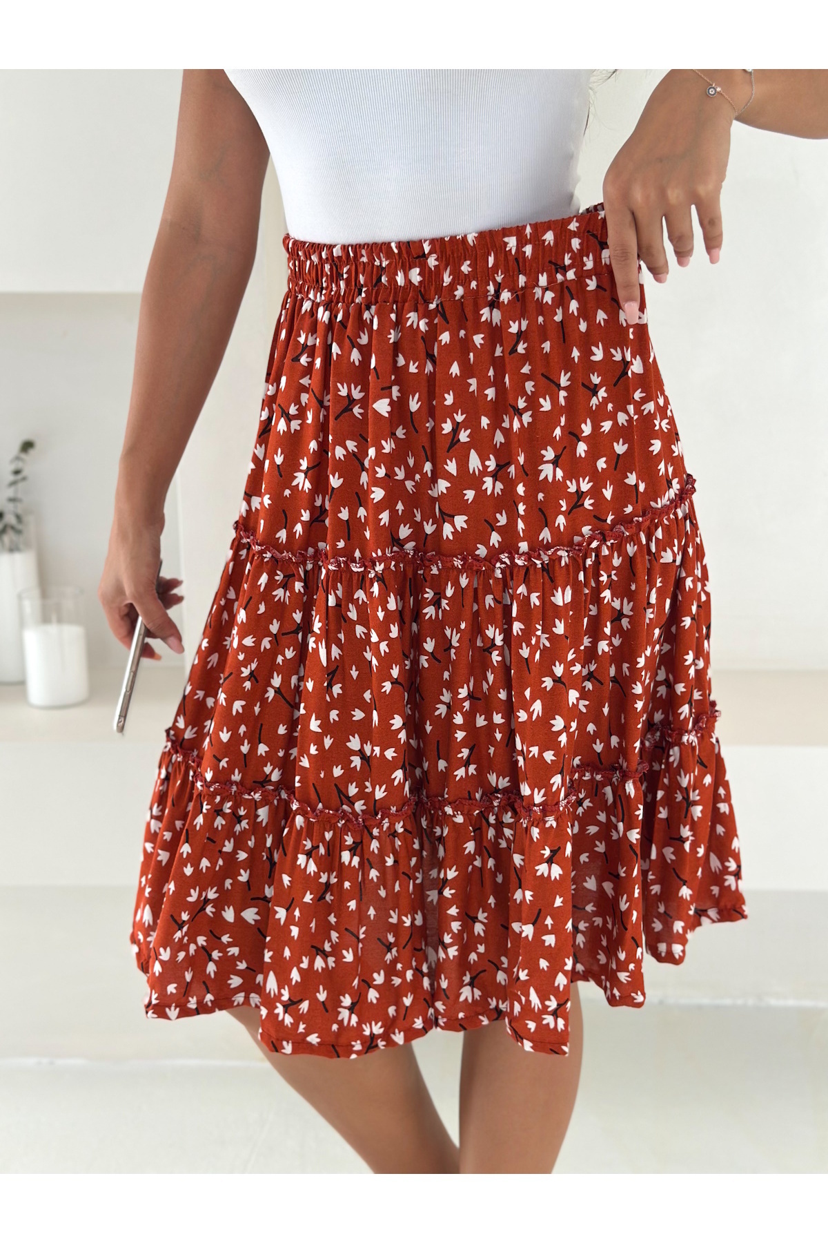 MaxiMor-Women S Stylish Floral Print High Waist Skirt - A-Line, Knee Length, Spring/Summer Fashion 4