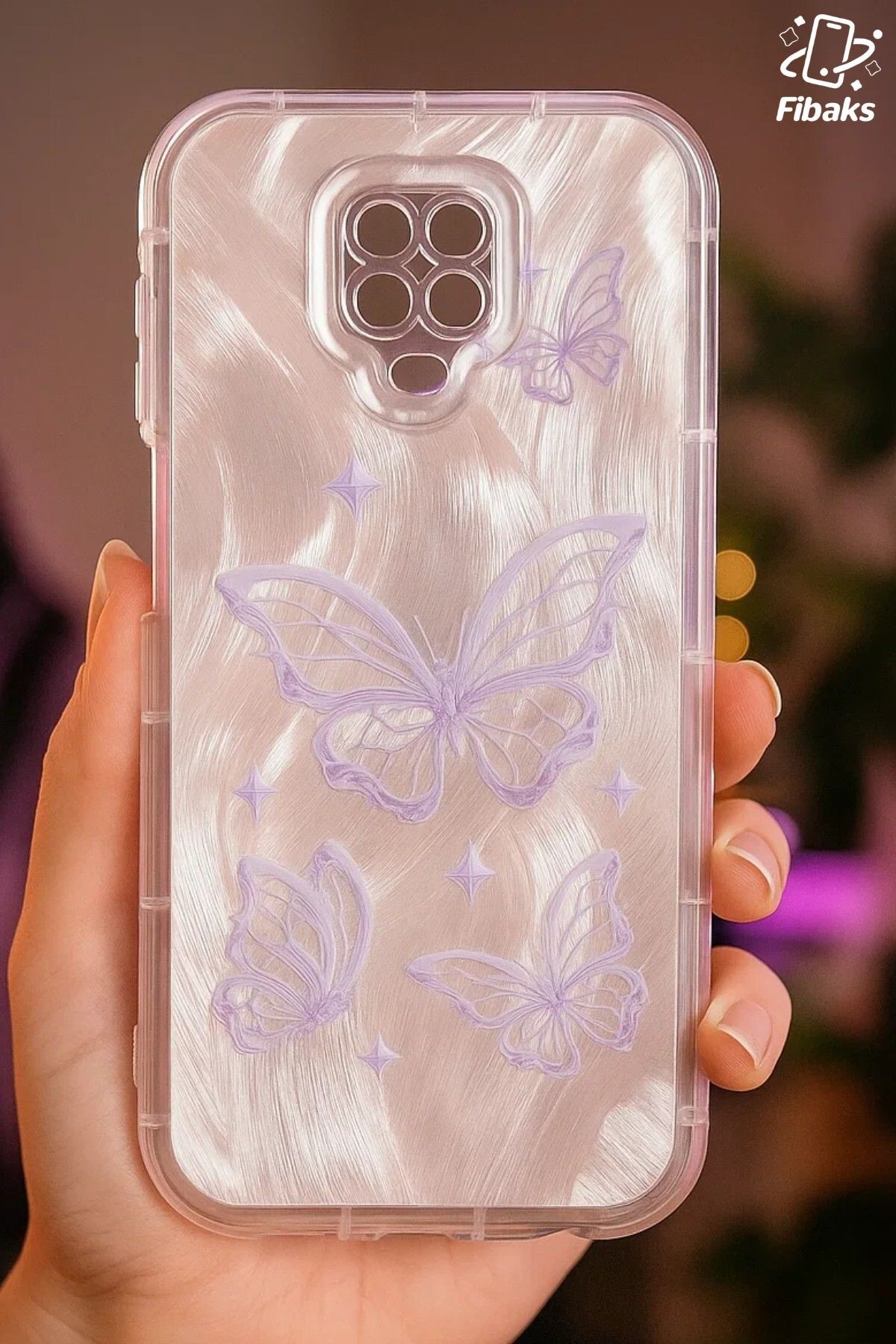 Fibaks-Redmi Note 9S - 9 Pro Case Plug-In Camera Protected Glossy Hologram Butterfly Pattern Shock Absorbing 3