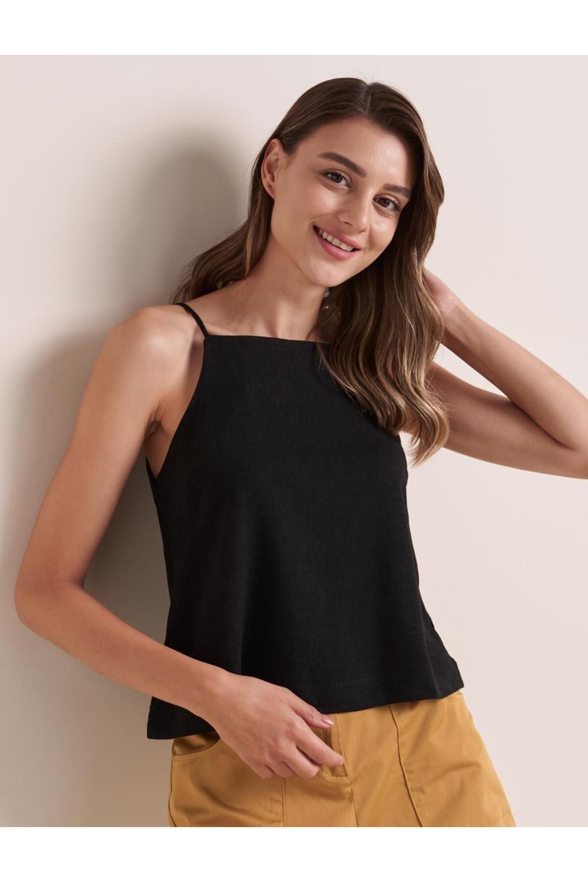 Jimmy Key-Black Straight Cut Open Neck Strappy Short Linen Blouse 2