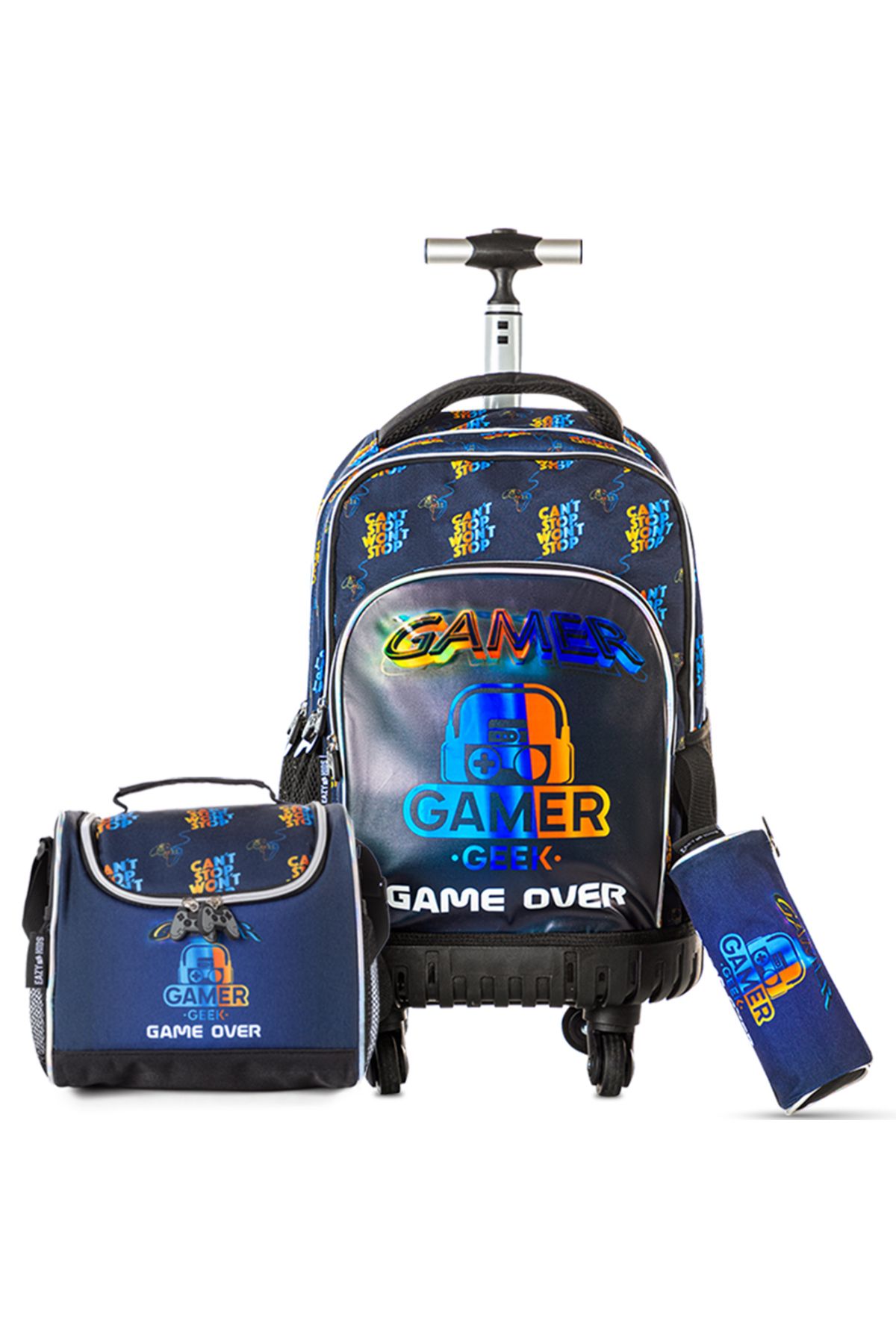 Eazy Kids 18" 4-Wheel Trolley School Set w/ Lunch Bag and Pencil case – Gamer Edition