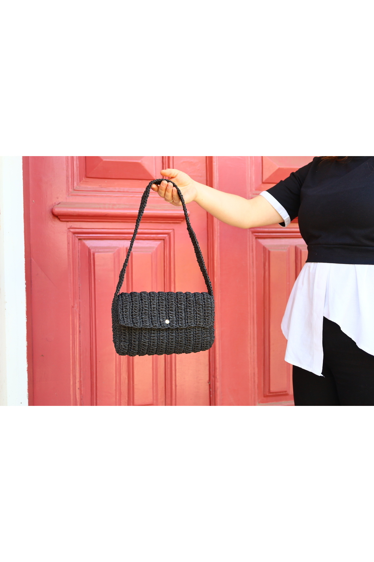 Masal Örgü Evi-Women's Hand Knitted Straw Paper Rope Shoulder Bag 3