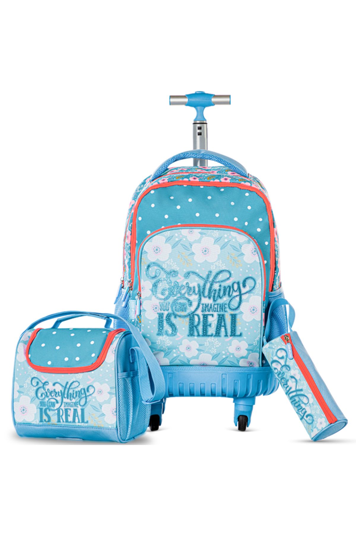 Eazy Kids 18" 4-Wheel Trolley School Set w/ Lunch Bag and Pencil case – Flora Edition