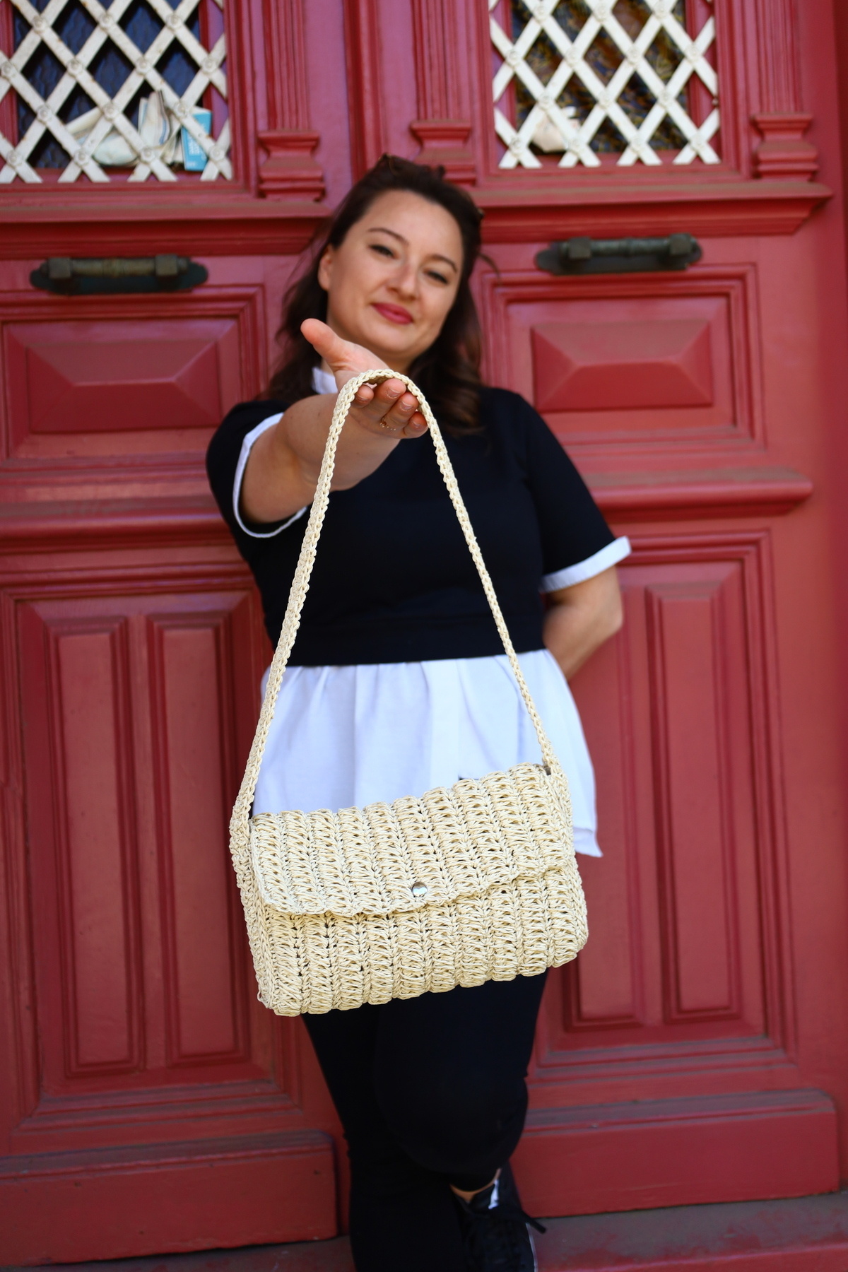 Masal Örgü Evi-Women's Hand Knitted Straw Paper Rope Shoulder Bag 1