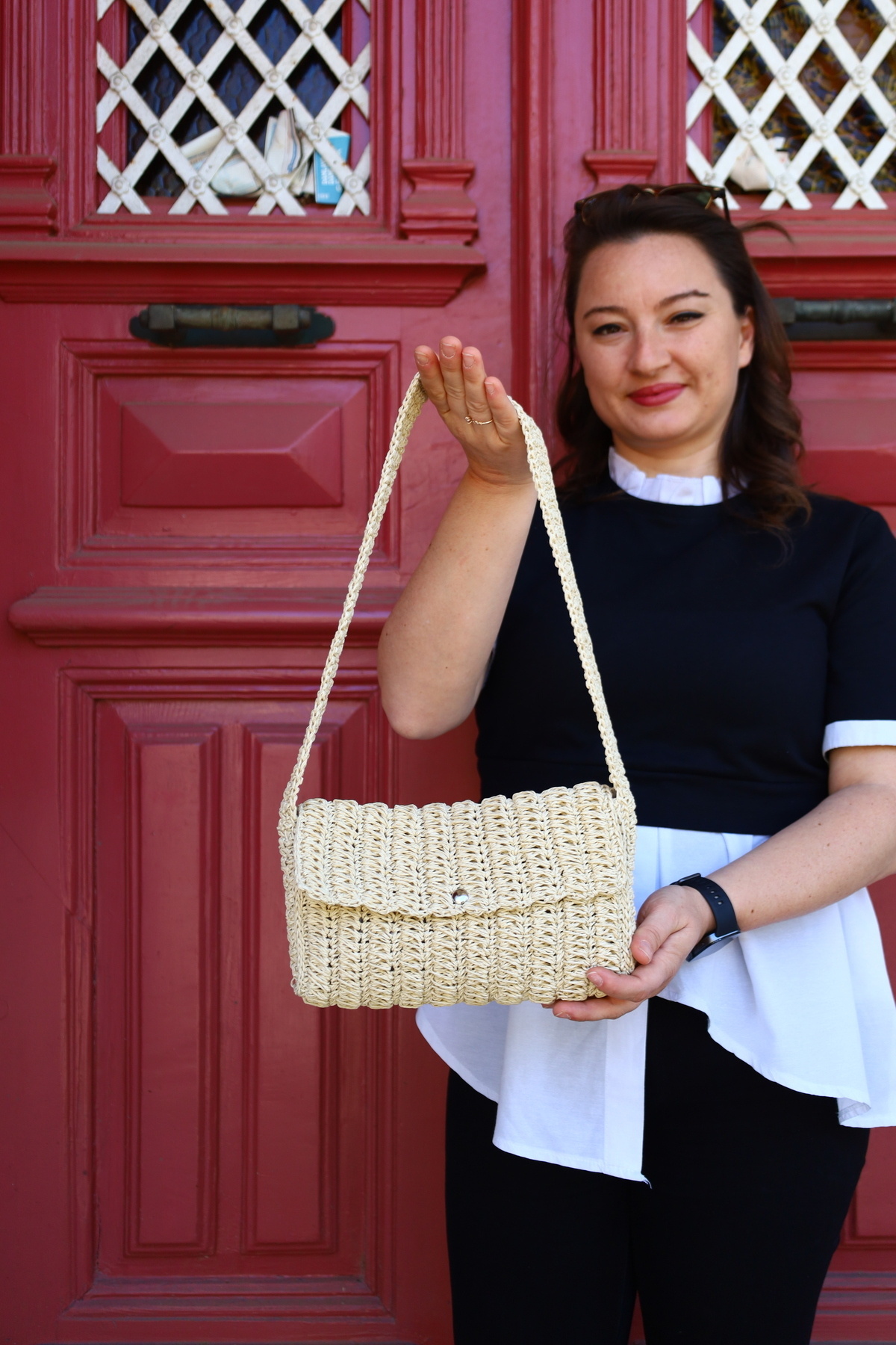 Masal Örgü Evi-Women's Hand Knitted Straw Paper Rope Shoulder Bag 6
